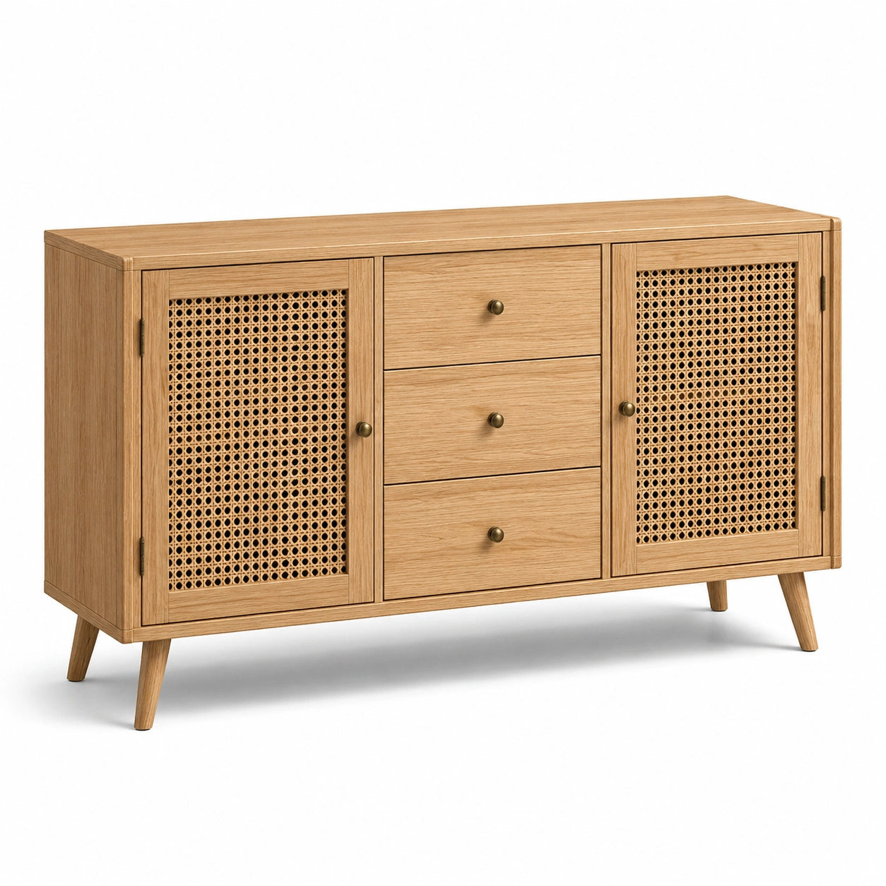 Aparador de madera con puertas de ratán y tres cajones