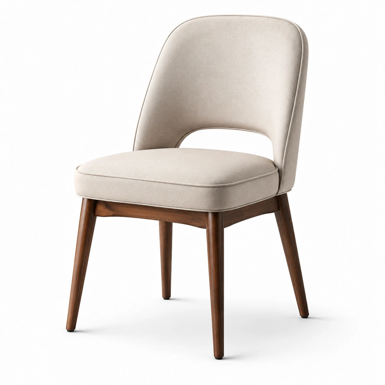 Silla tapizada de poliéster beige con patas de madera de nogal