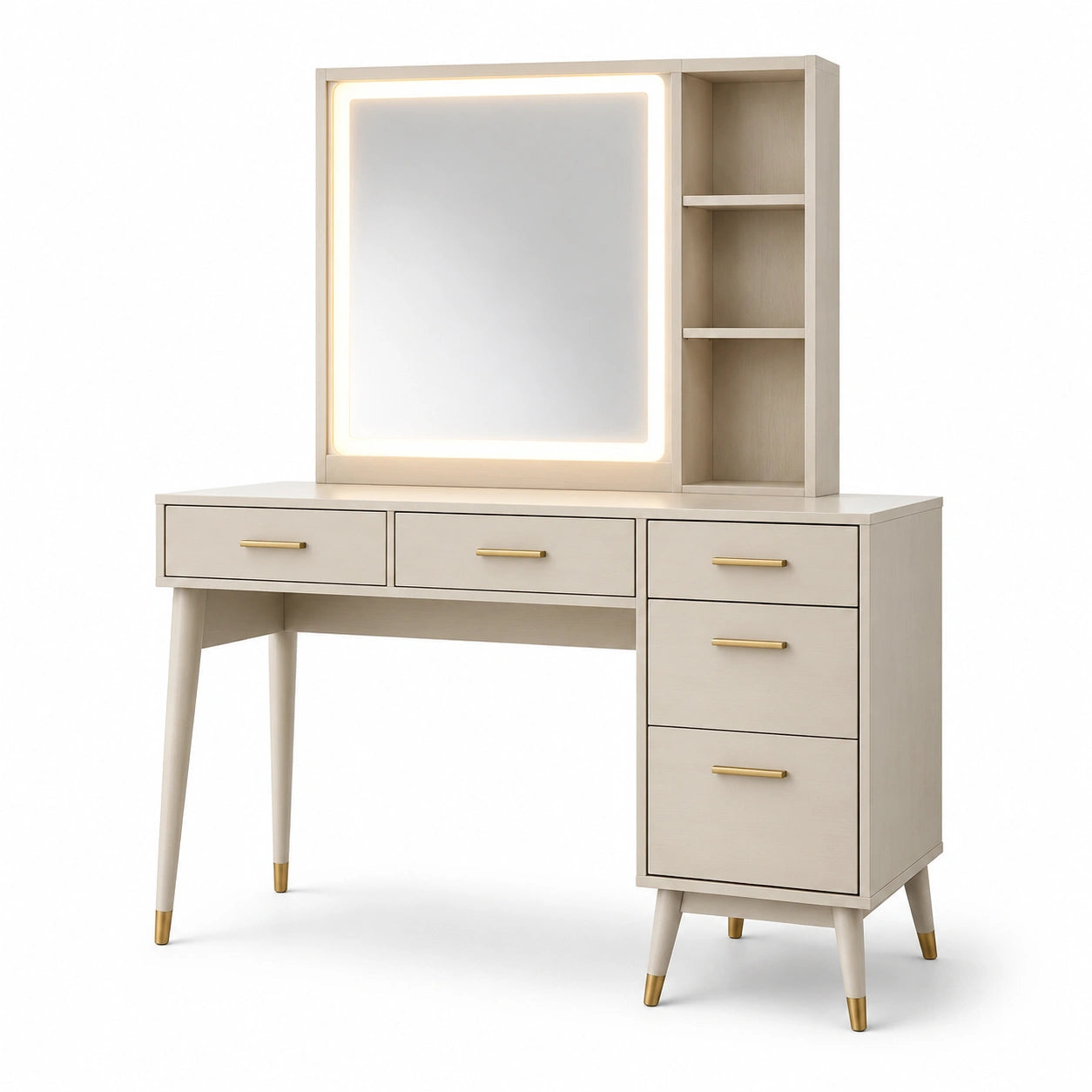 Tocador de MDF beige con espejo LED y cinco cajones