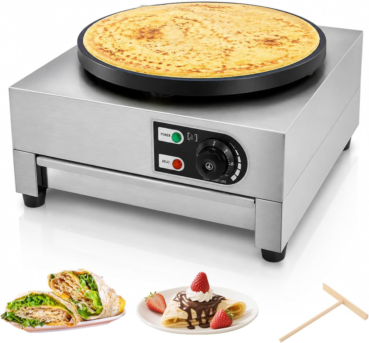 Chensyo Crepera, Crepes Maker 3000 W, plancha eléctrica para crepes con placa antiadherente de 40 cm, acero inoxidable de hierro fundido, temperatura