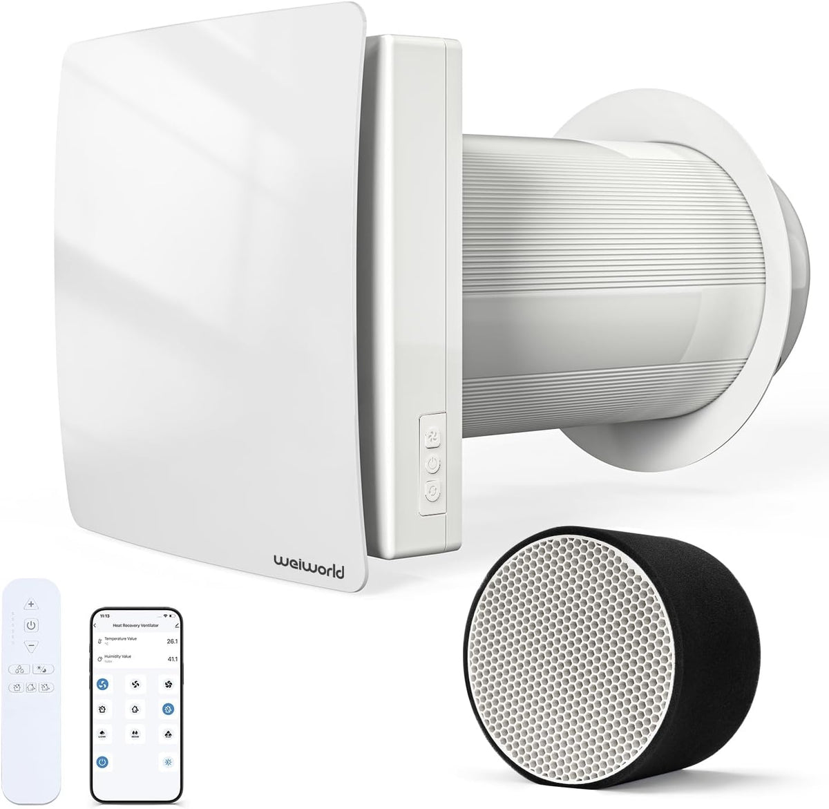 Weiworld Ventiladores de pared, Ventilador de recuperación de calor con intercambiador de calor de cerámica, sistema de aire fresco montado en la