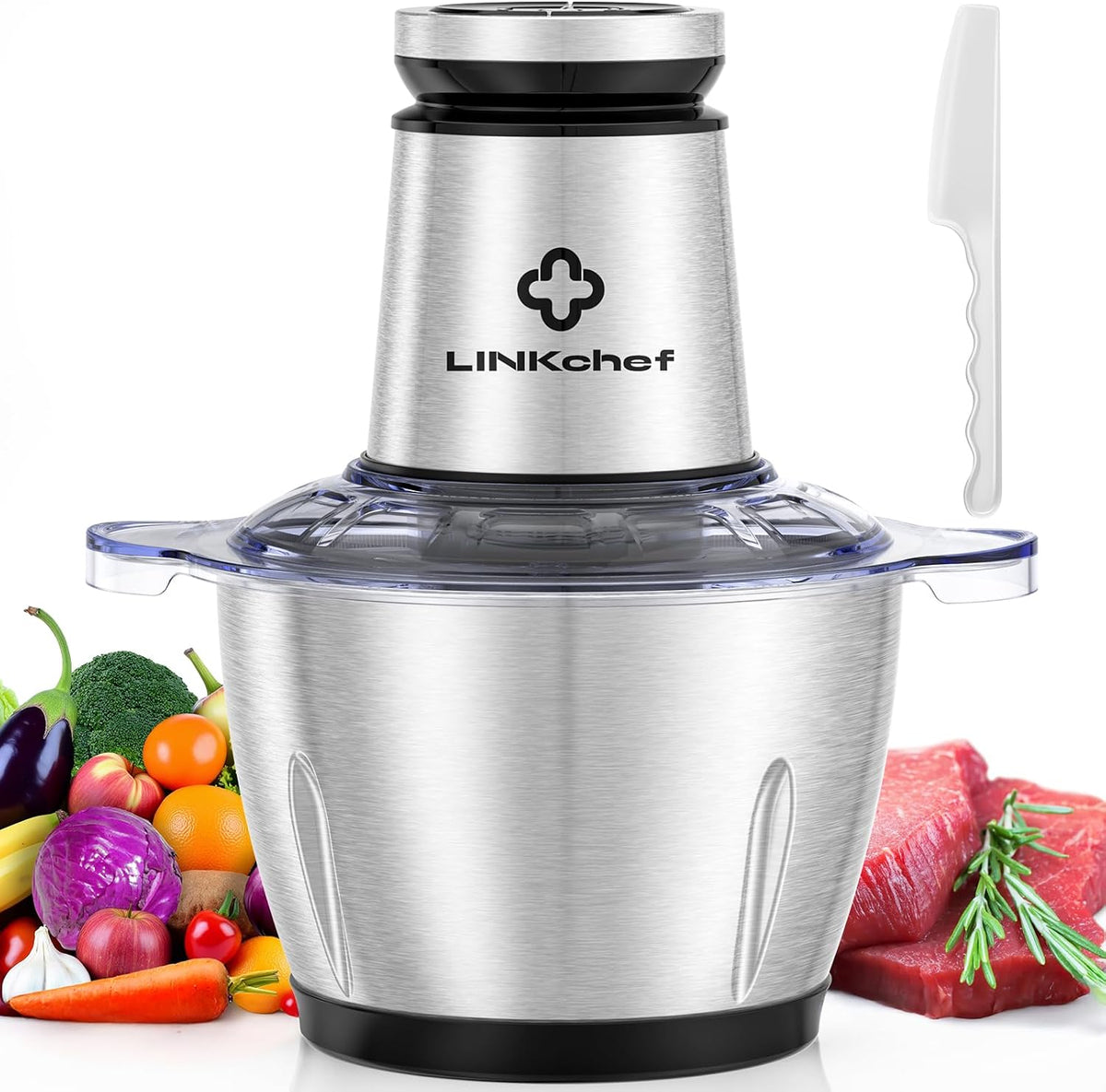 Minipicadora Picadora Eléctrica, 2, 3 L, 600 W, Recipiente de Acero Inoxidable, LINKChef