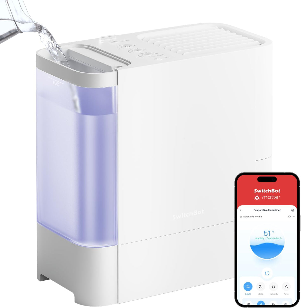 SwitchBot Humidificadores de habitación individual, Humidificador Evaporativo, 750 ml/h, 4, 5 l para habitaciones grandes, sin niebla, llenado por