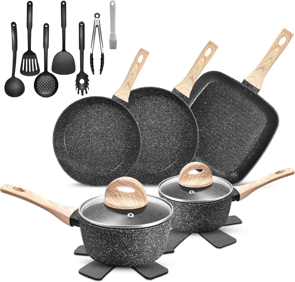 Baterías de cocina GTYZZH, Batería de Cocina Antiadherente de 19 Piezas, Juego de Ollas y Sartenes de Inducción en Granito Negro, No Tóxico, Apta para