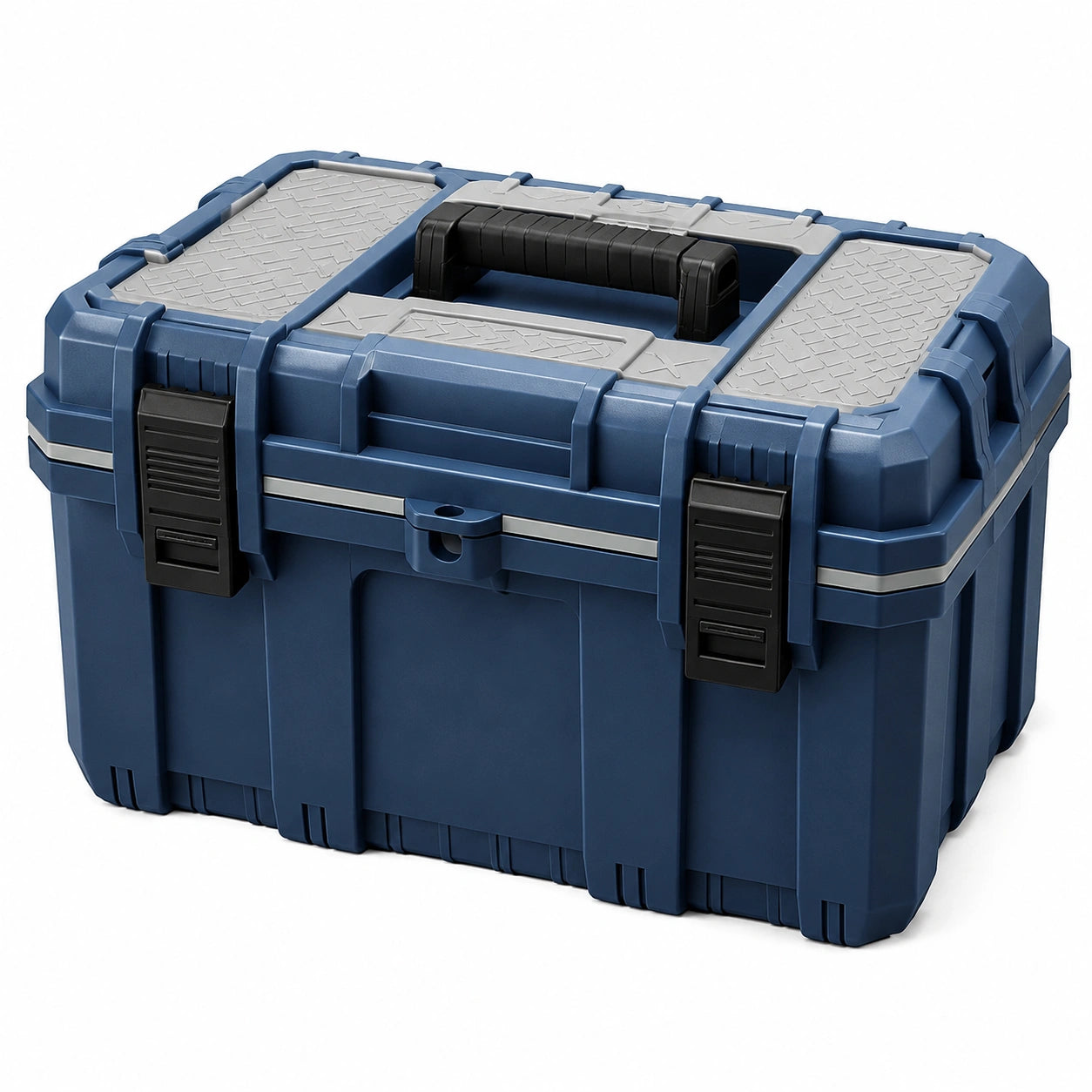 Caja de herramientas de polipropileno azul con asas y pestillos negros