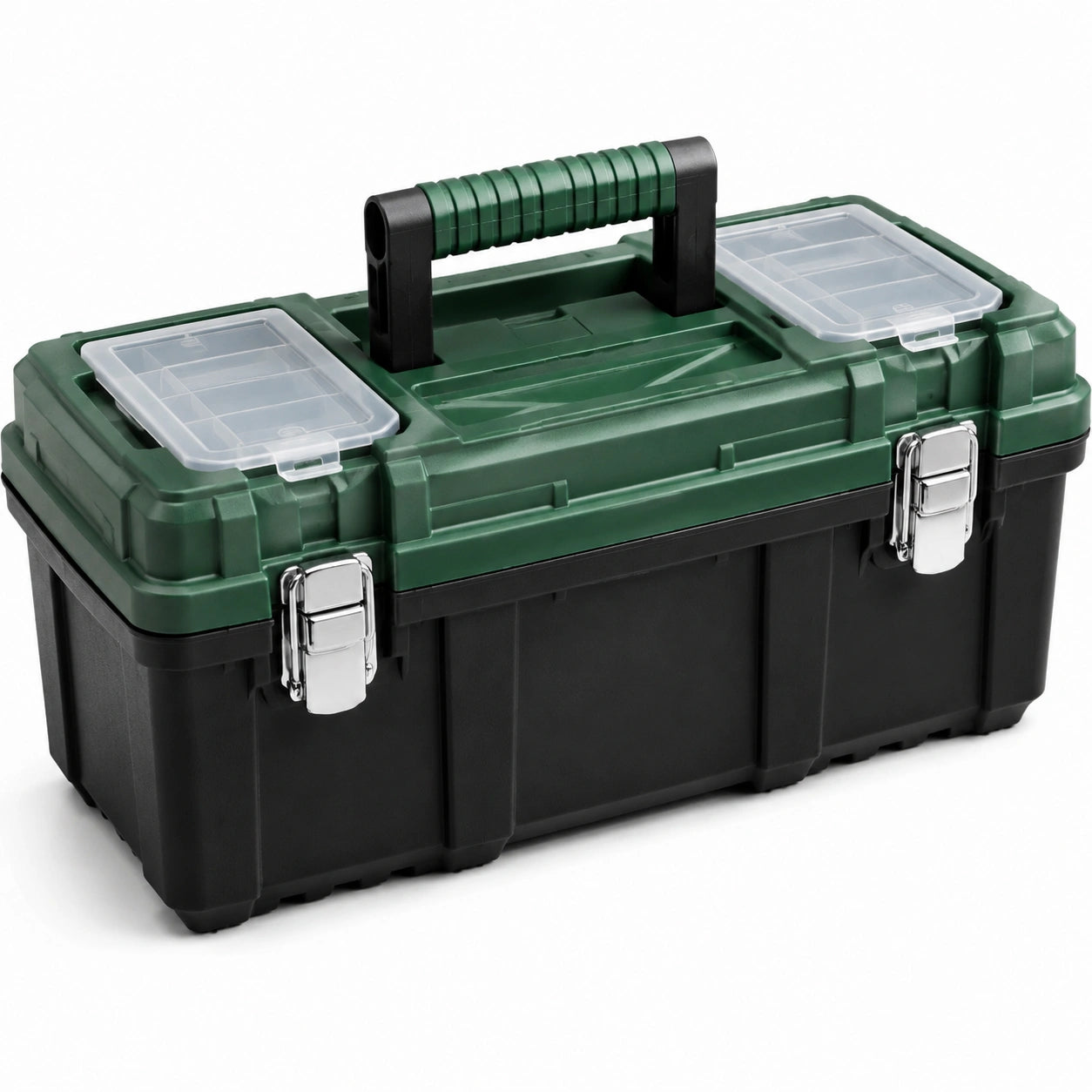 Caja de herramientas de plástico verde y negro con compartimentos transparentes