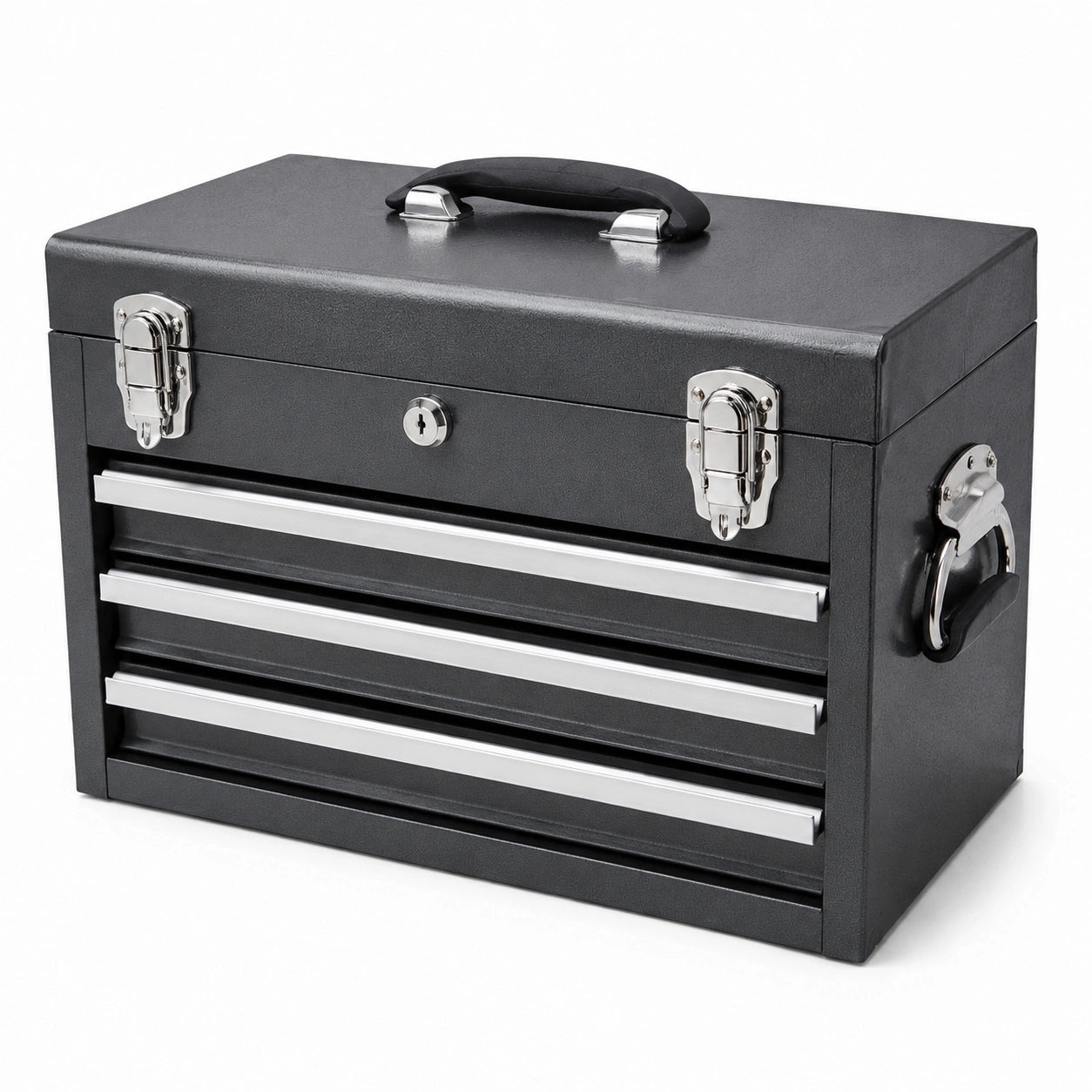 Caja de herramientas de acero negro con cerradura y 3 cajones