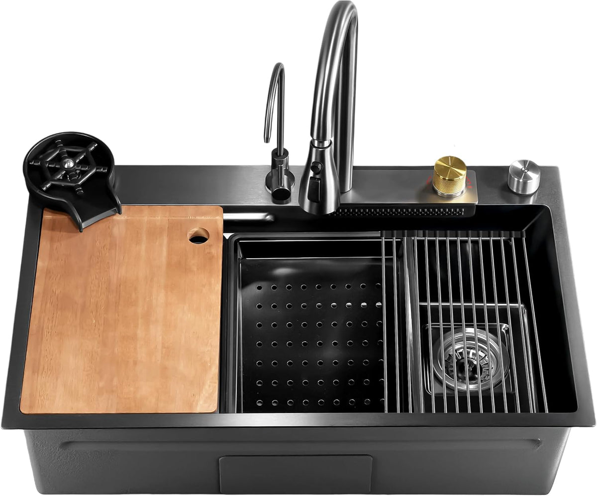Fregaderos de un seno fregadero cocina, Con grifo, Rejilla de drenaje, Canasta coladora, Tabla de cortar, Lavavasos, Acero inoxidable, Instalacion