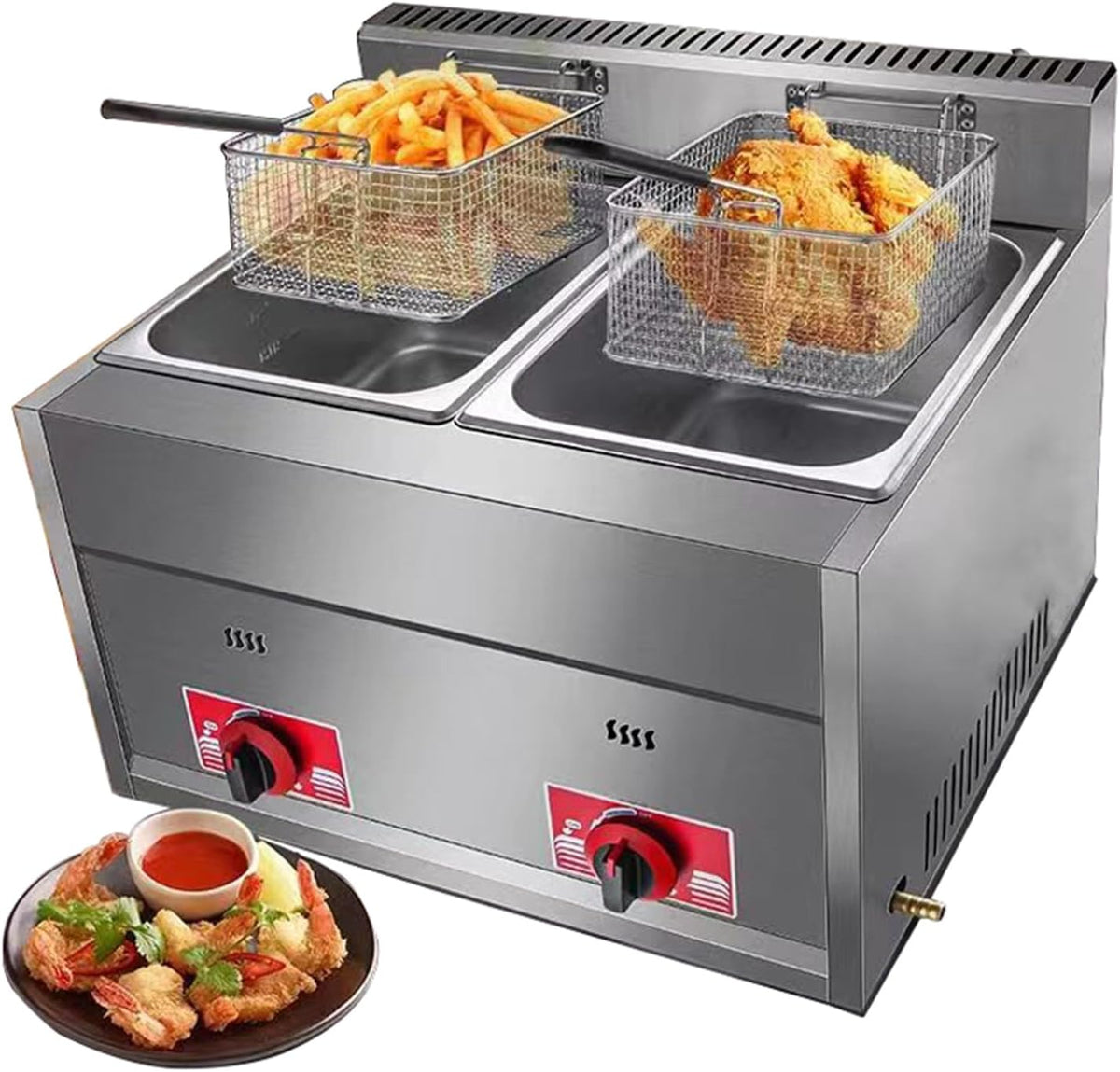 Freidora Generic, de Gas Industrial de 2x6L, Freidora de Gas profesional de acero inoxidable comercial con cuchara de cesta para Patatas Fritas Cocina
