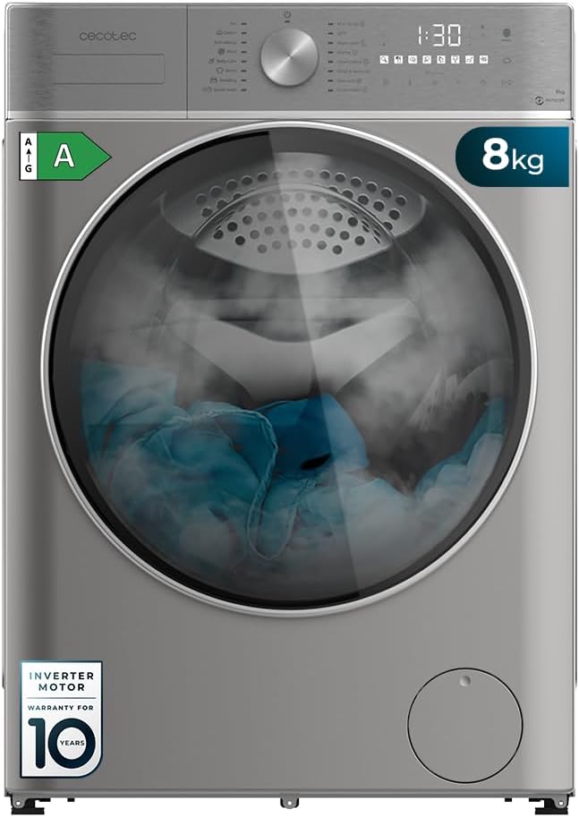Cecotec Lavadoras y secadoras todo en uno, Lavadora Secadora Carga Frontal 8Kg-5Kg Bolero Wash&Dry 8580 Inverter Steel B. 1400 rpm, 16 programas