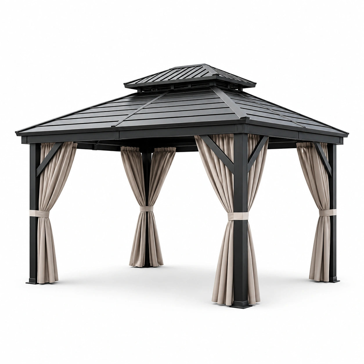 Pabellón de aluminio con techo de acero y cortinas beige