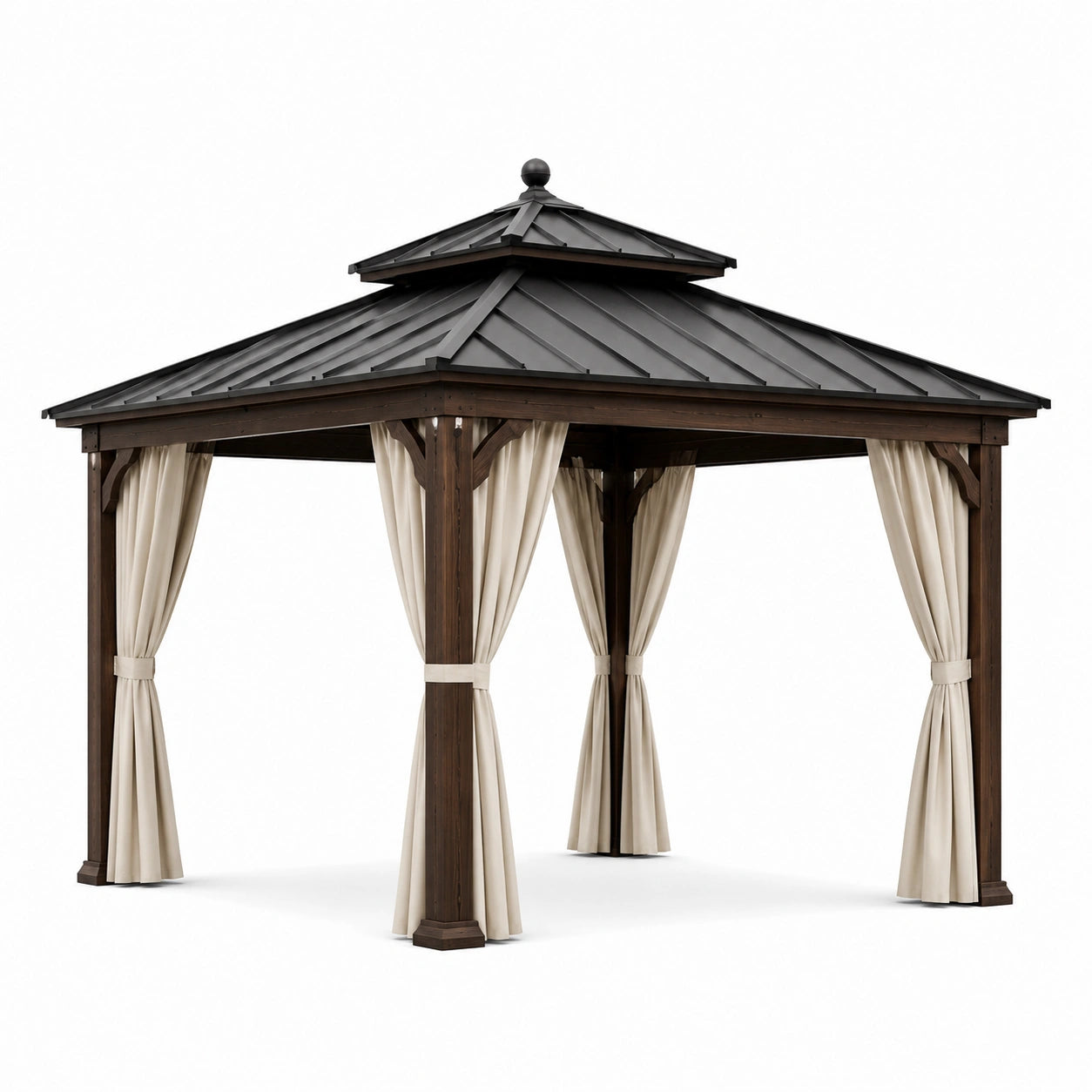 Pabellón de madera y metal con cortinas de poliéster 300x300x280 cm