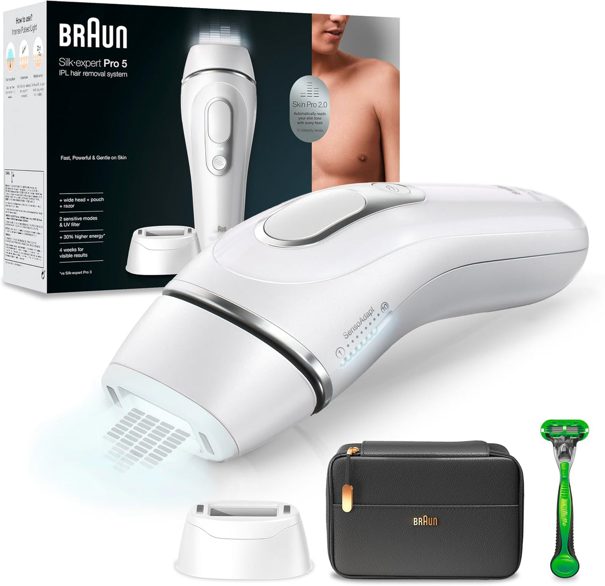 Braun Sistemas de depilación de luz pulsada, Silk-expert Pro 5 Depiladora Hombre Luz Pulsada IPL, Cabezal de Precisión Ancho y Maquinilla Afeitar