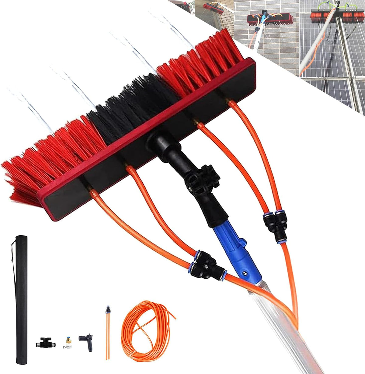 Barras telescópica Kit de barra telescópica de limpieza de ventanas con cepillo de alimentación de agua, arandela de panel solar extensible y