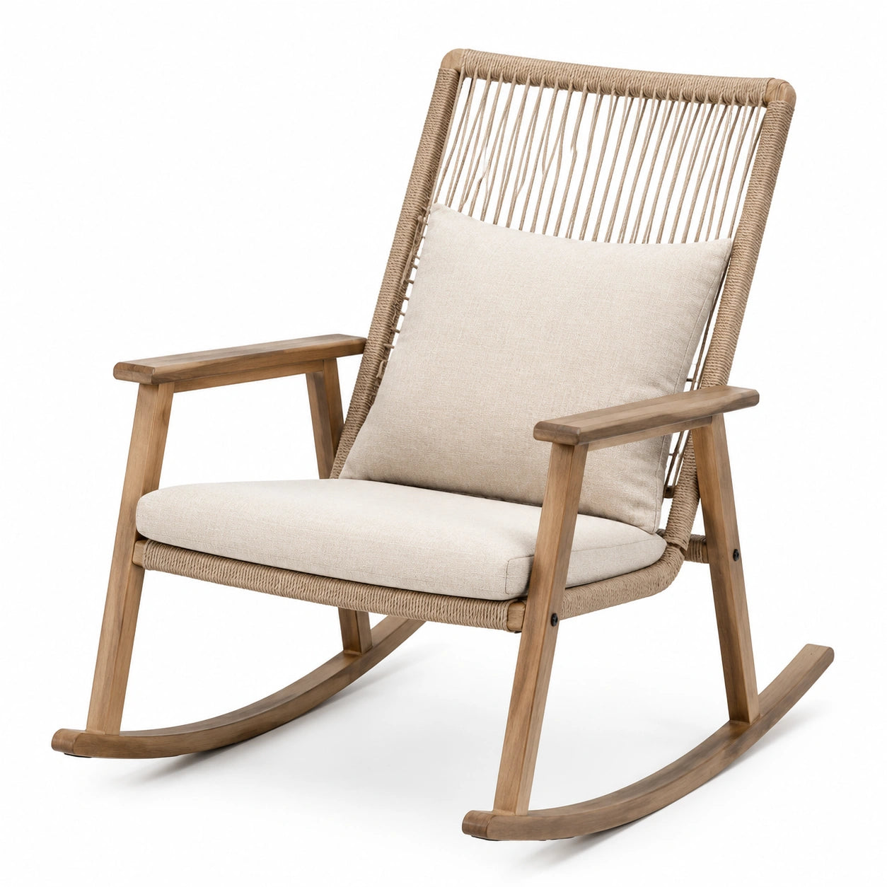 Silla mecedora de madera de acacia con cojines de poliéster beige