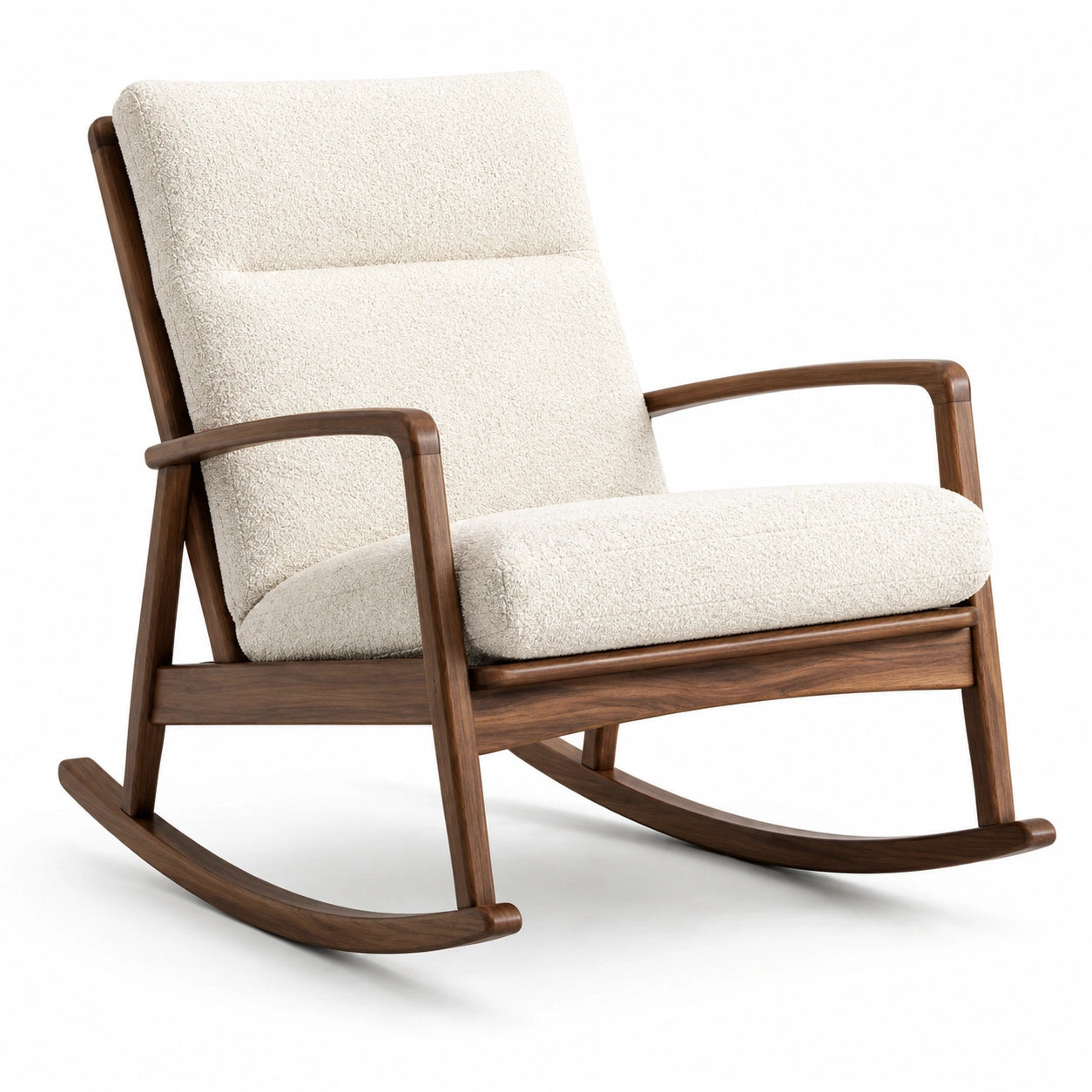 Sillón mecedora de madera con tapizado bouclé blanco