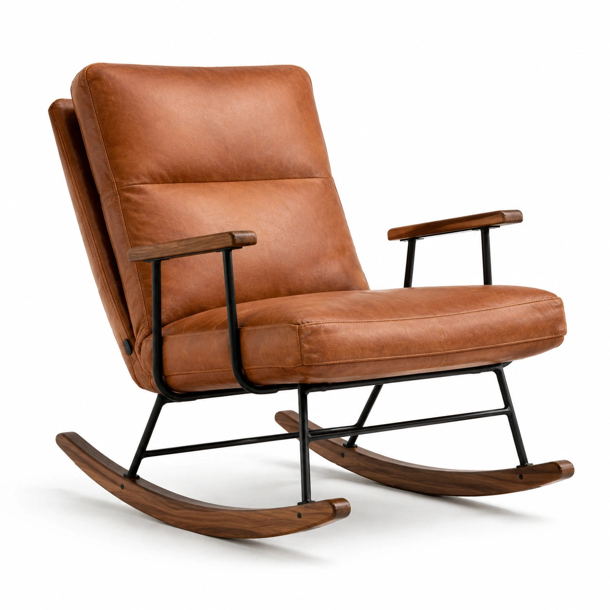 Sillón mecedora de piel sintética marrón con estructura de metal y madera de nogal