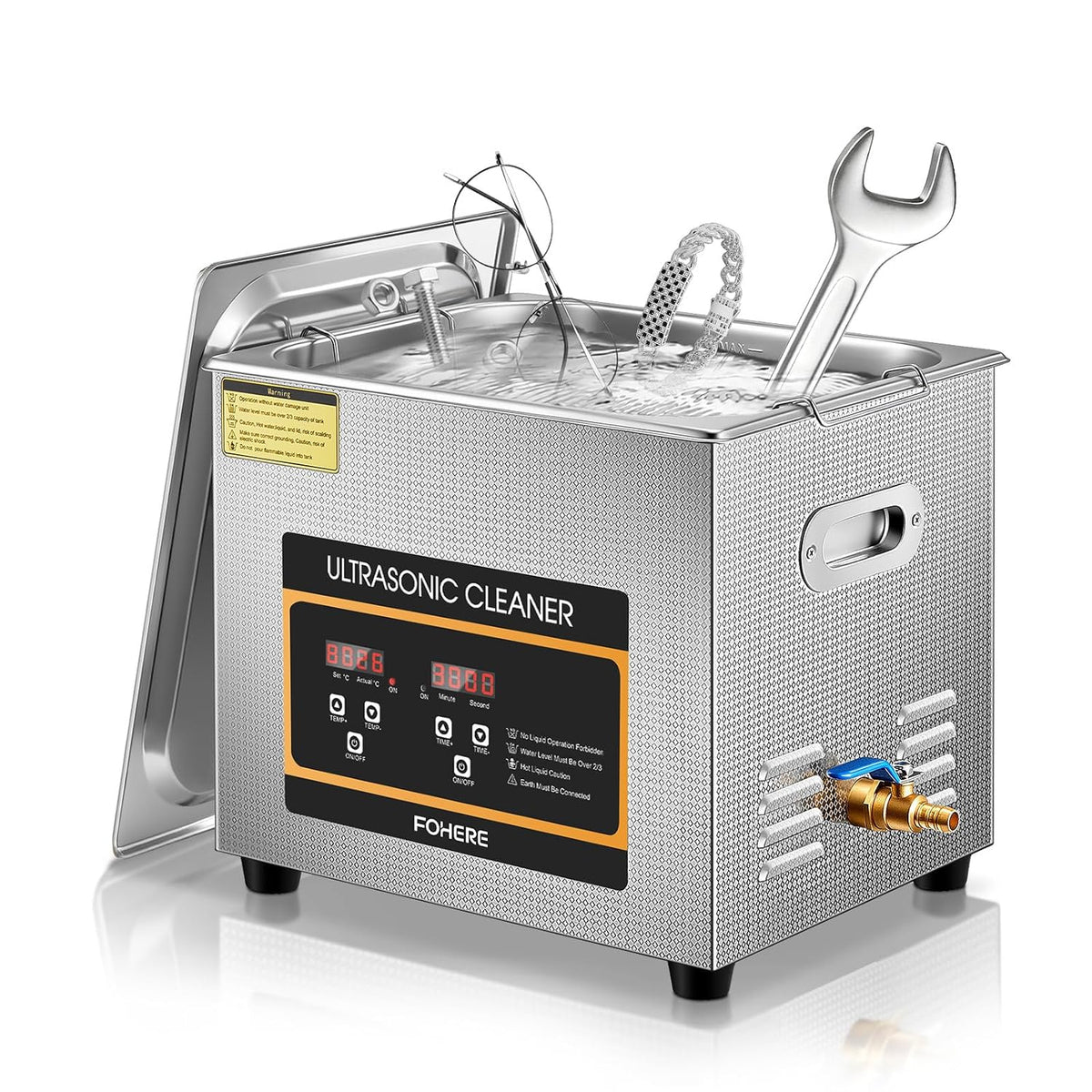 Suministros de limpieza de laboratorio de FOHERE, Limpiador de Ultrasonidos con Calentador y Temporizador, Acero Inoxidable, Máquina de Ultrasonidos
