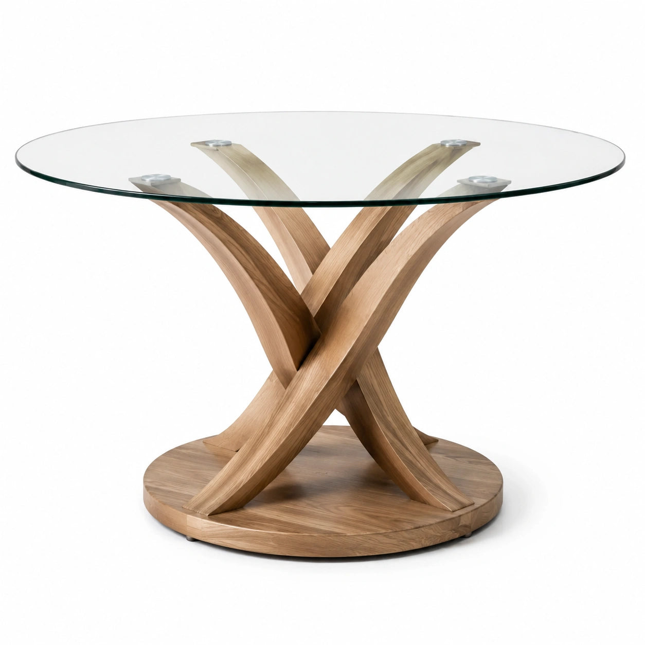 Mesa redonda de vidrio templado y base de madera de roble