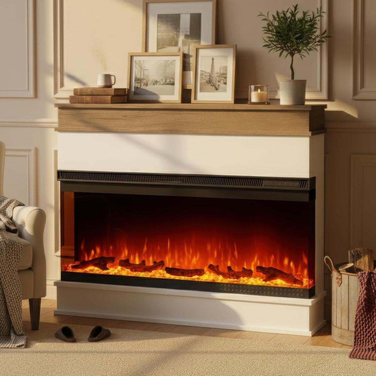 M.C.Haus Chimenea eléctrica, 3 Lados Chimenea eléctrica empotrable - Chimenea Minimalista - Efecto de Llama en 12 Colores - Calentador de 1500/750