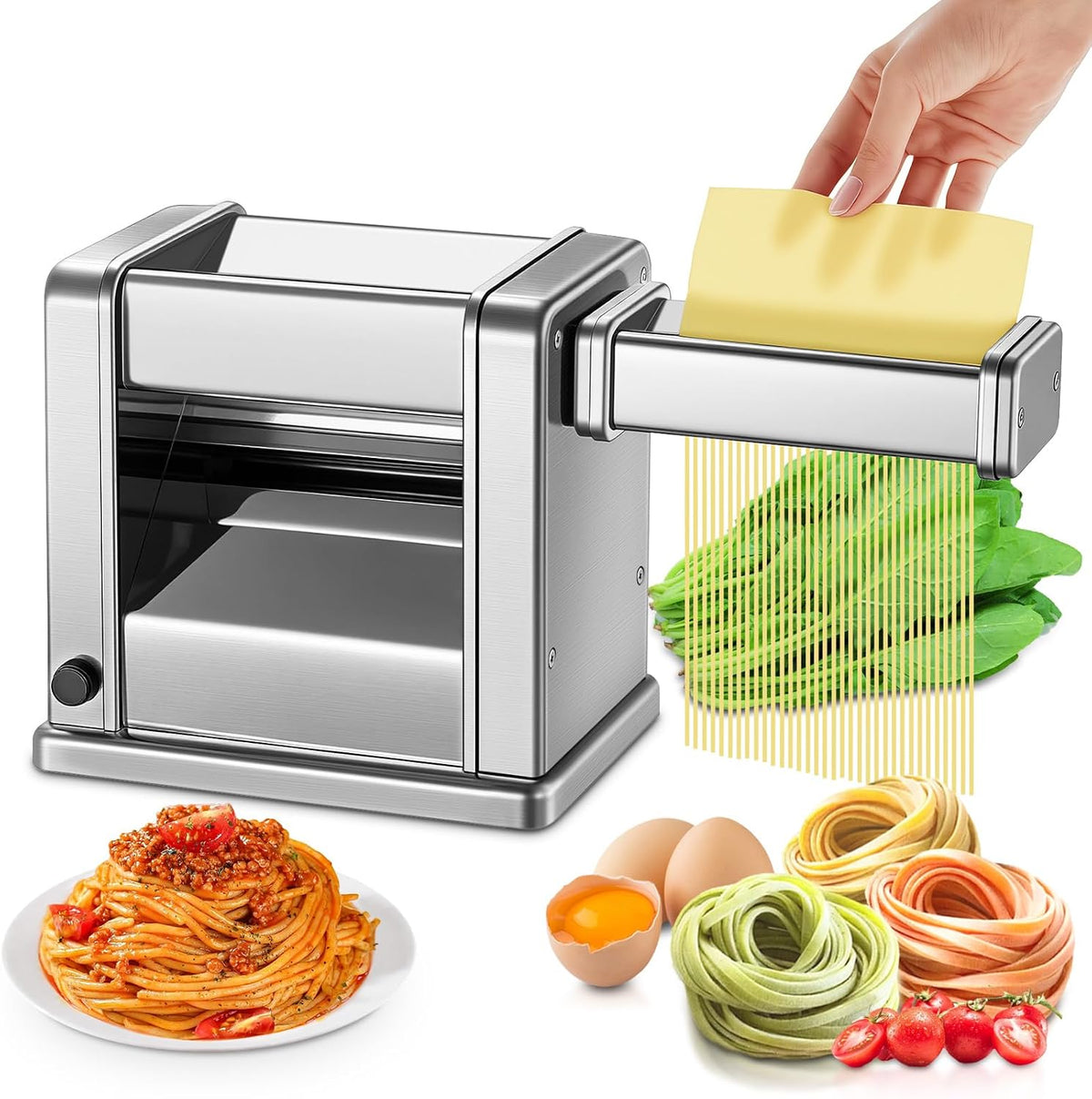 FOHERE Máquinas para hacer pasta, Máquina de Pasta Fresca Eléctrica con 2 Cuchillas (1.5 mm/6.6 mm) y 7 Grosores Ajustables de 0.5-3 mm, Acero
