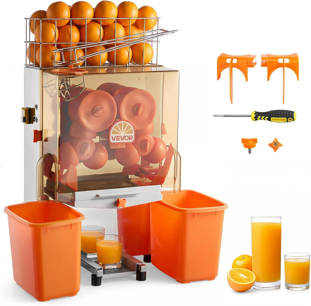 VEVOR Exprimidores eléctrico, Exprimidora de Naranjas Comercial 120 W de Acero Inoxidable y PC, Eléctrica, Con 2 Recipientes Recolectores, Capacidad
