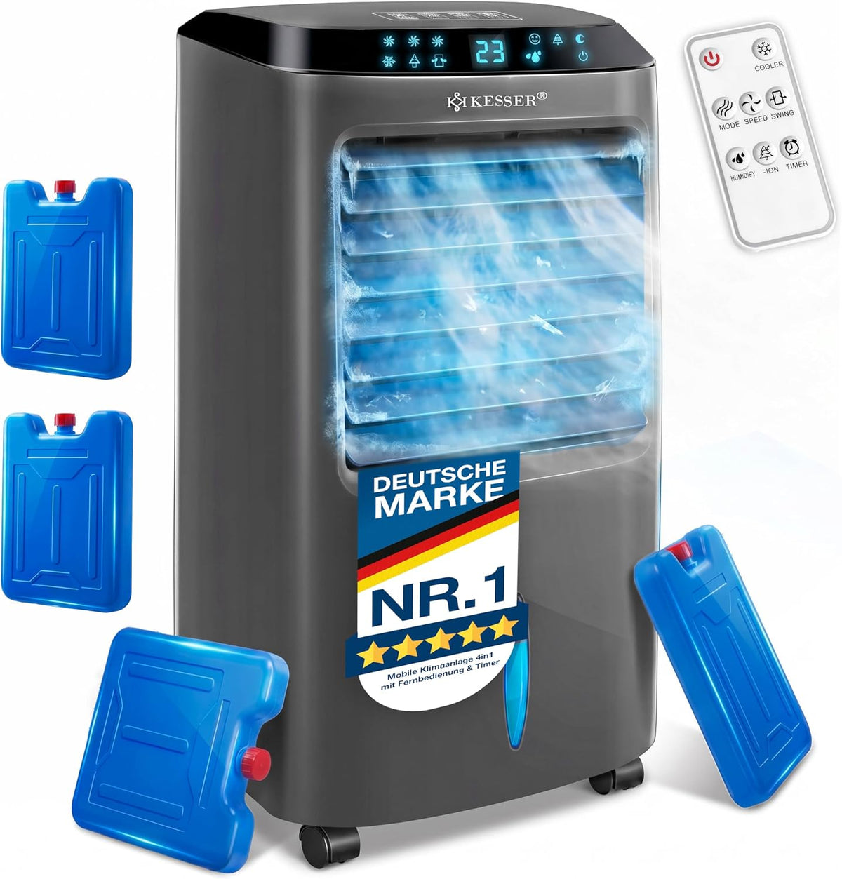KESSER Aire acondicionado portátil, ® Aire acondicionado portátil 4 en 1, Air Cooler con mando a distancia y temporizador, depósito de agua de 10