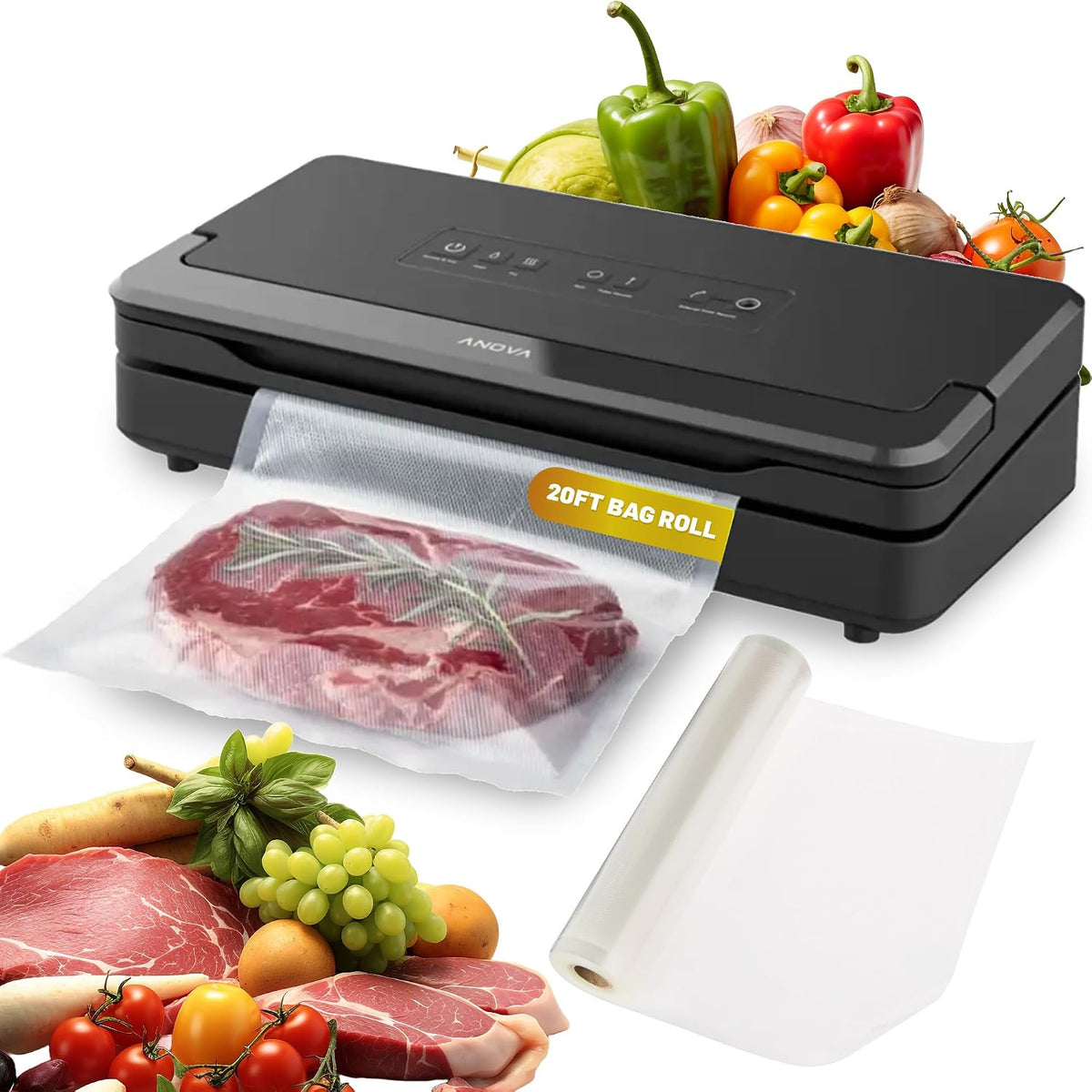 Anova Envasadoras al vacío, Culinary Precision Sellador al vacío Pro, incluye 1 rollo de bolsa, para Sous Vide y almacenamiento de alimentos, negro