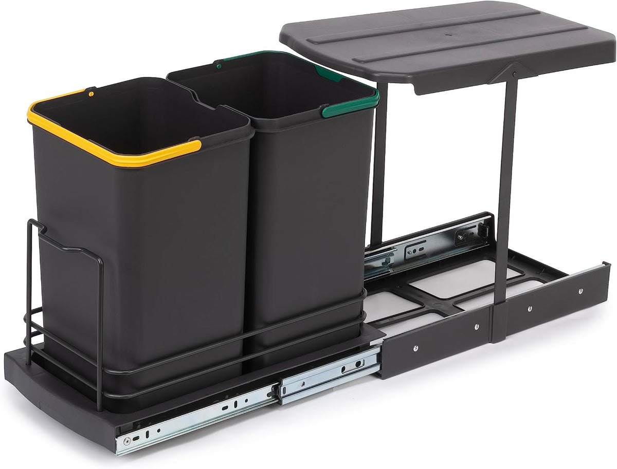 EMUCA Cubos de basura para la cocina, Contenedores de reciclaje Recycle para cocina, Cubos de basura bajo fregadero 2 x 12 L, fijación inferior y