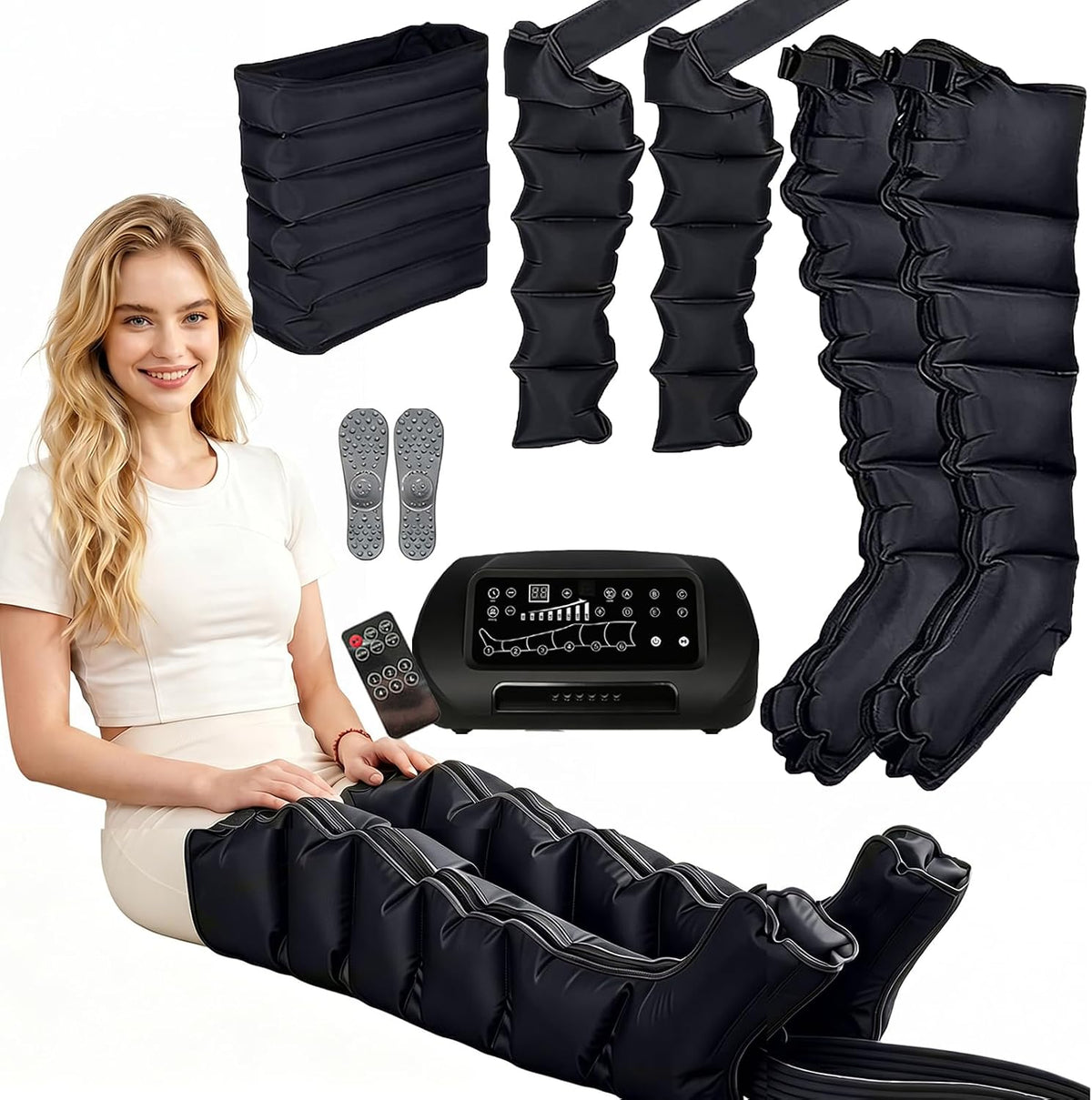Masajeadores eléctricos para pi SULQING, Presoterapia Piernas y Abdomen para Casa, Presoterapia Cuerpo Completo, Masajeador 6 Cámaras, Táctil + Mando