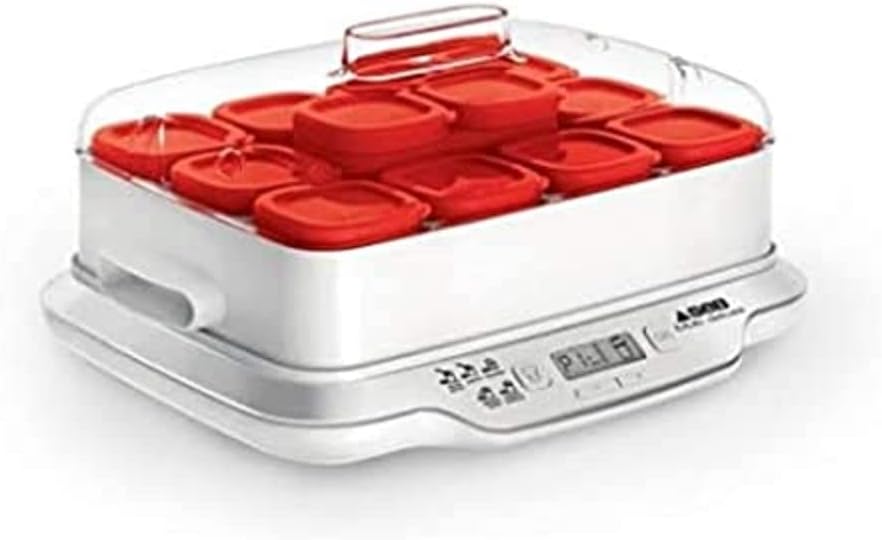Yogurtera SEB, Family Multidélices - Yogurtera con 12 vasos, color blanco y metálico 12 botes - rojo blanco y rojo