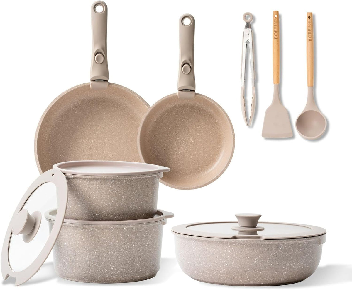 Baterías de cocina Juego de Ollas y Sartenes 14 Piezas Batería de Cocina Antiadherente, BOREINE