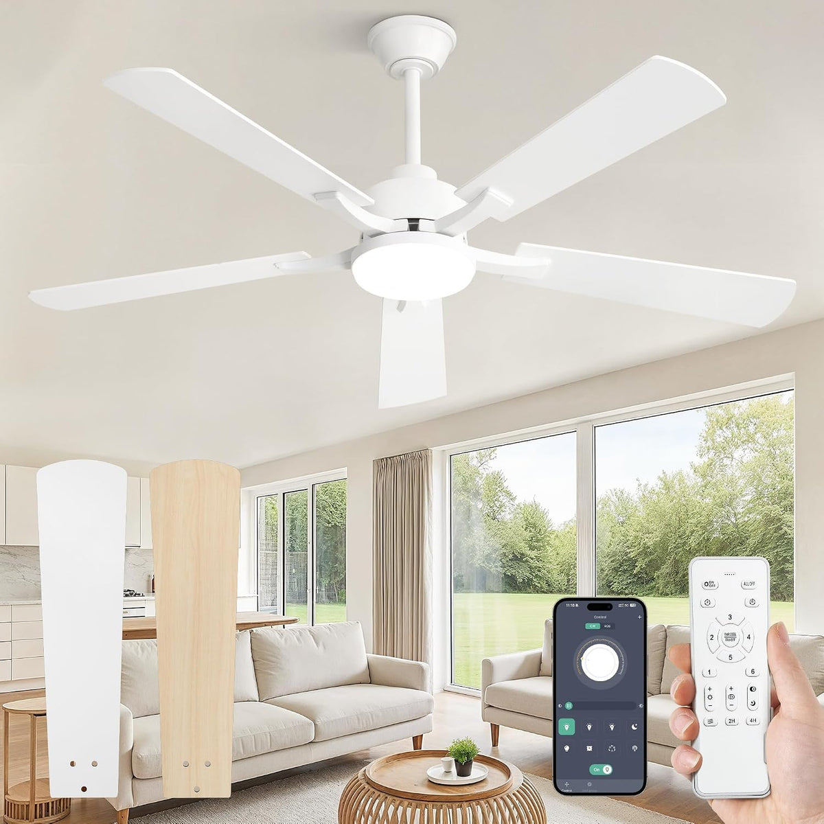 Ventiladores de techo ZMISHIBO, Ventilador techo Silencioso, Ø132cm Ventilador de Techo con Luz control por control remoto/APP, 6 Velocidades, 3
