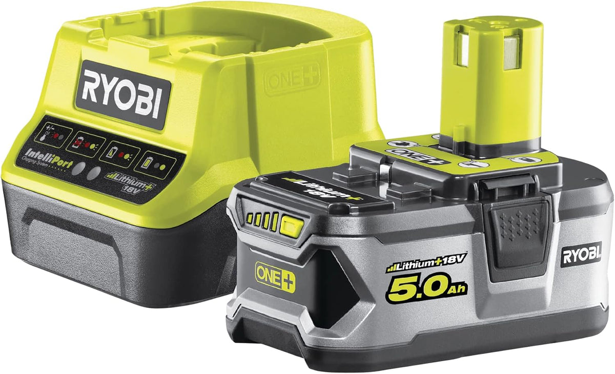 Batería Ryobi, Pack 1 Cargador Rápido 2.0 A/h + 1 Batería Litio+ 18V One + 5, 0 Ah - Batería Multiusos Compatible con Más de 200 Herramientas de