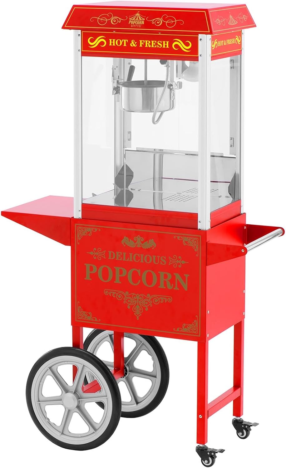 Máquinas de palomita Máquina para palomitas de maíz con carro, 1500 W, diseño retro, 195/235 °C, 2 temperaturas para palomitas dulces y saladas, color