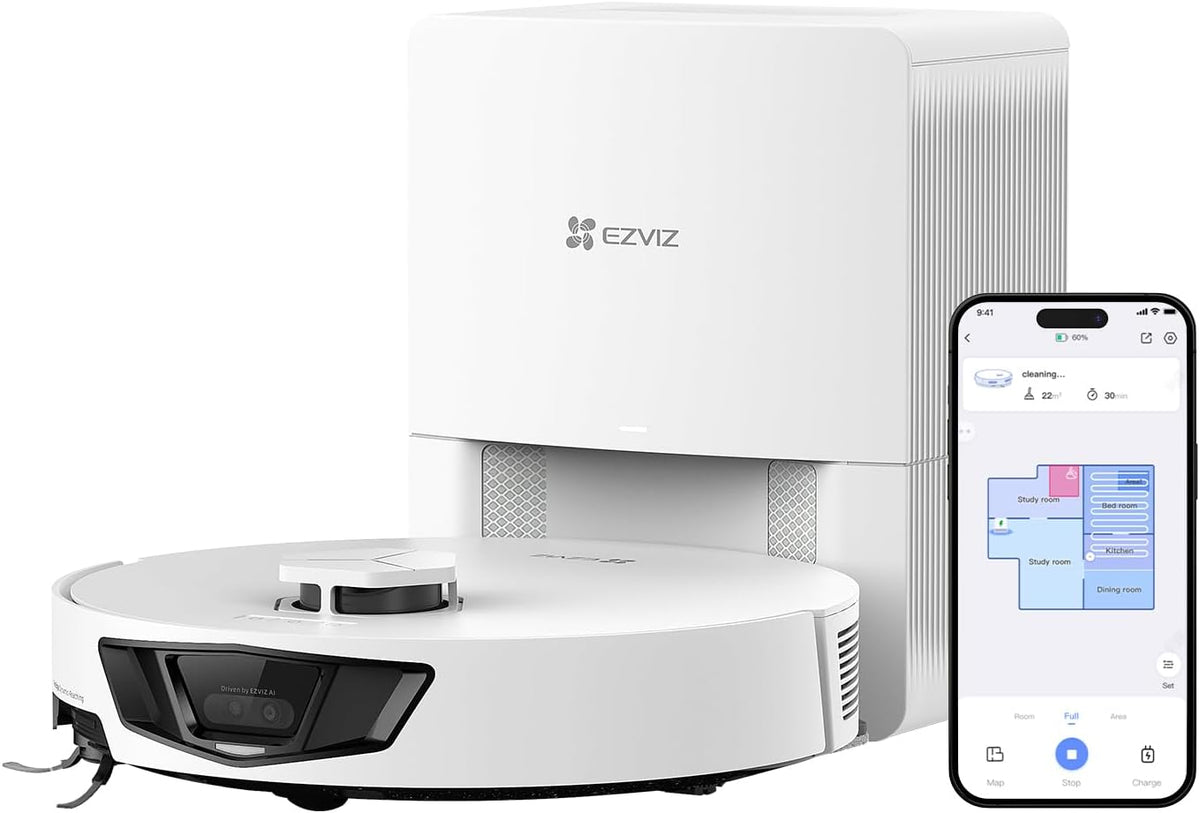 EZVIZ Robot aspirador, RE7 Edge Robot Aspirador y Friegasuelos, Base Autovaciado, Succión 13000 Pa, Evitación Obstáculos, Bolsa de Polvo 4L, MopExtra