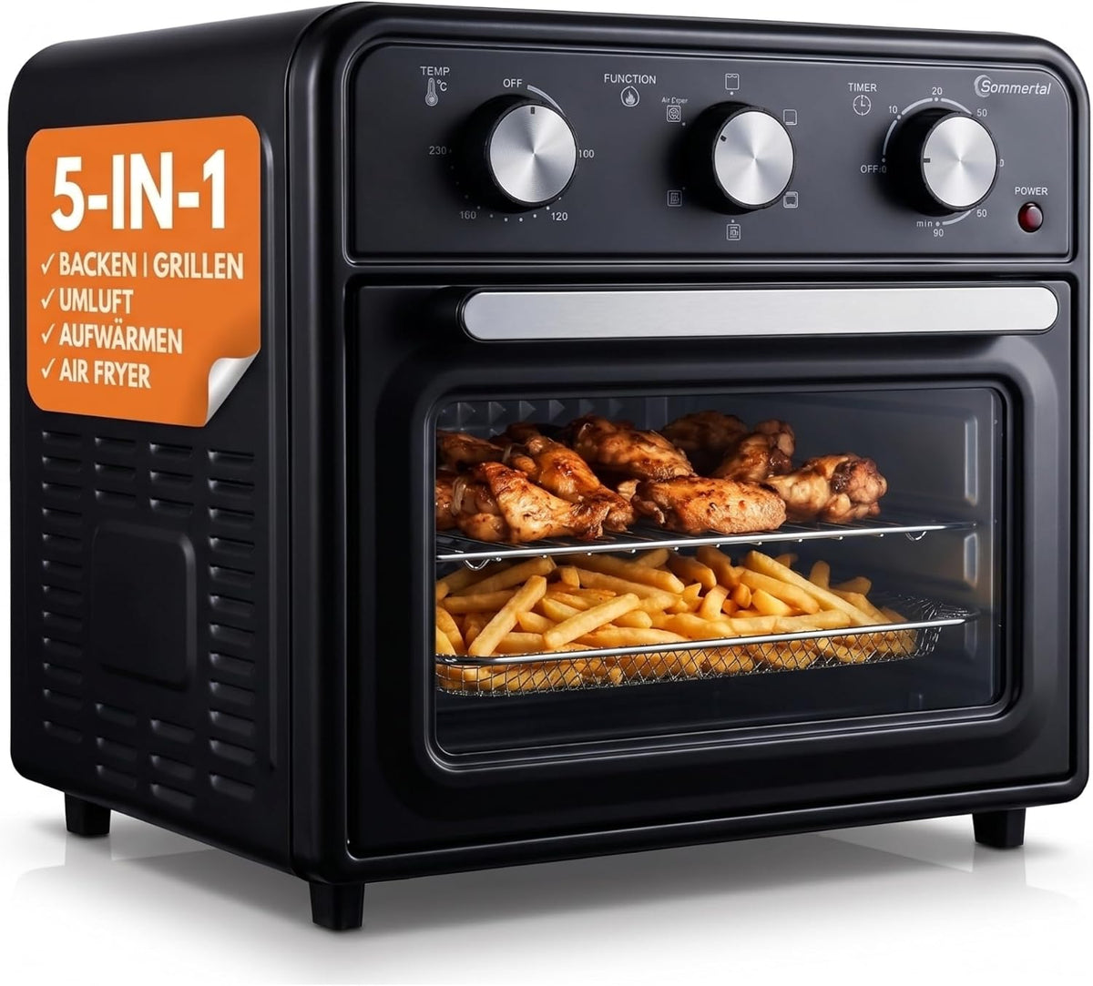 Hornos tostador Minihorno de 20 litros con recirculación y freidora de aire caliente, mini horno de 1800 W para hornear, asar y pizza, horno de mesa