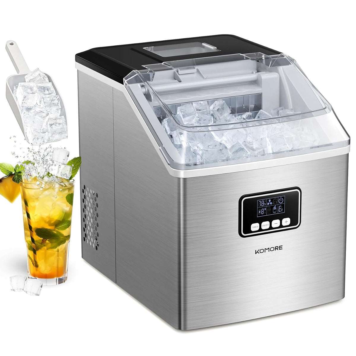 Máquinas para hacer hielo de KOMORE, Máquina para hacer hielo, de acero inoxidable, 20 kg/día, 24 piezas listas en 13 minutos, máquina de hielo