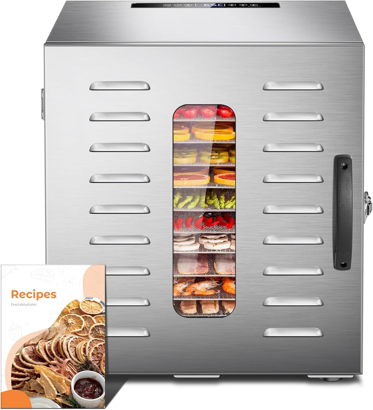 Kwasyo Deshidratador, 10 Bandejas Deshidratador Alimentos Recetas gratis Temperatura Ajustable 30-90℃, Acero Inoxidable Completo, Temporizador de 24