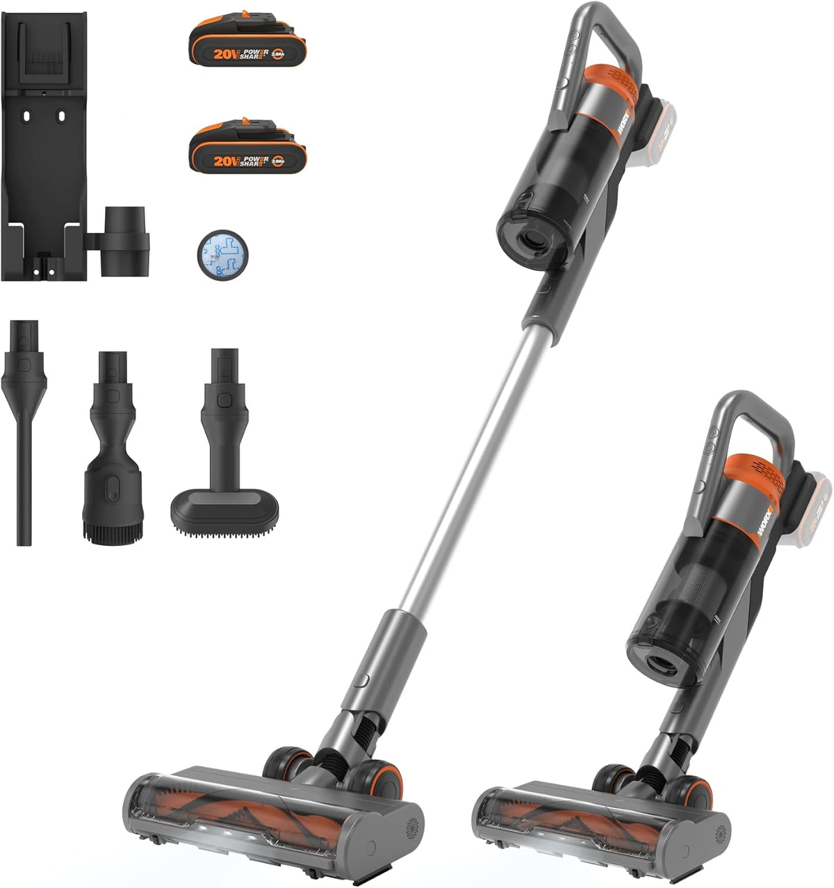 WX038 de WORX, aspiradoras escoba, Aspirador Escoba sin Cable 20V, Potente 25Kpa, hasta 45 min de Autonomía, para Pelos de Mascotas, Suelos, Alfombras