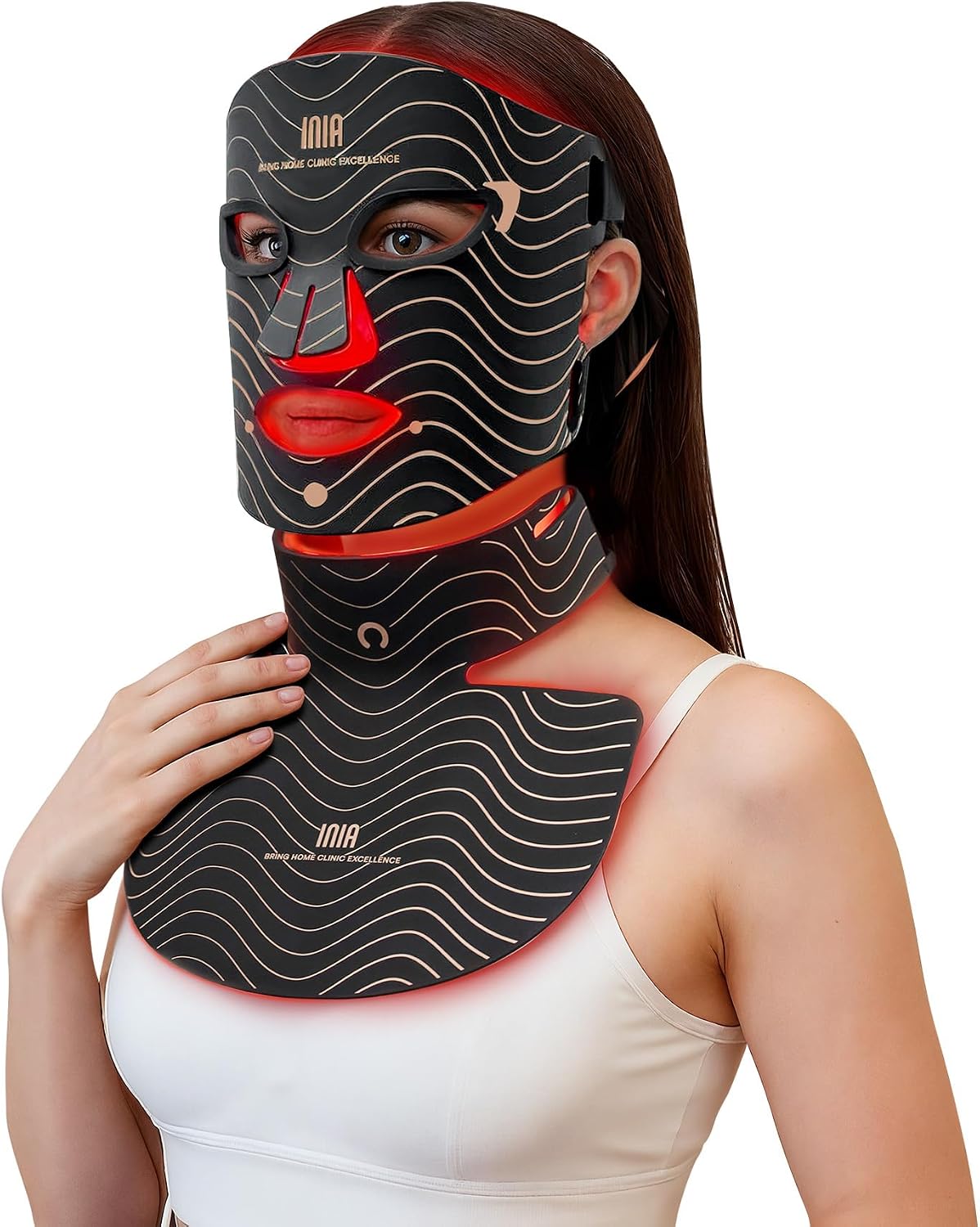 INIA Mascarilla, GLOW Máscara LED Facial y Cuello, Luz Roja, Amarilla y Azul, 4 Modos
