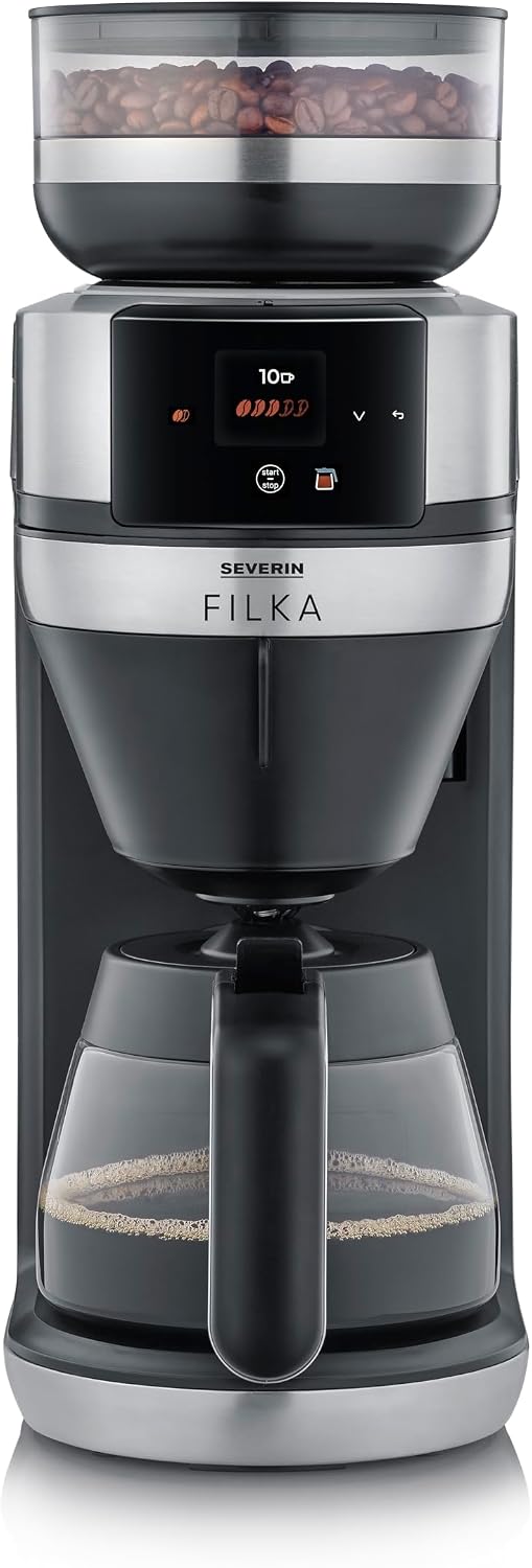 Severin Cafetera automática, Cafetera de filtro con molinillo totalmente automática con jarra de cristal 2 L. FILKA KA Acero Inox/Negro 1.520 W KA