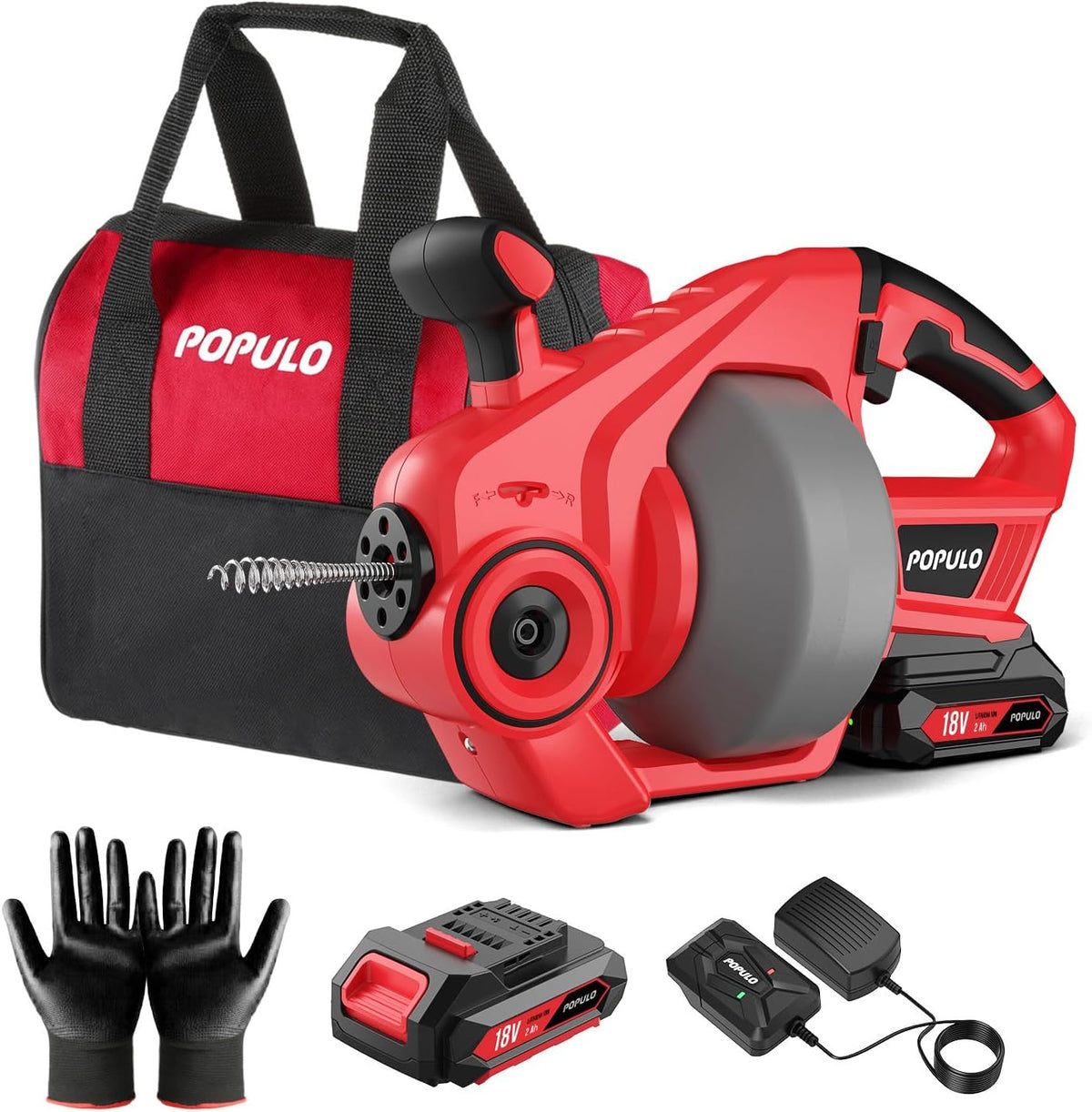 Sonda POPULO, Kit de desagüe eléctrico de iones de litio de 18V(20V Max), cable flexible de 7.6m, desagüe automático inalámbrico de hasta tuberías de