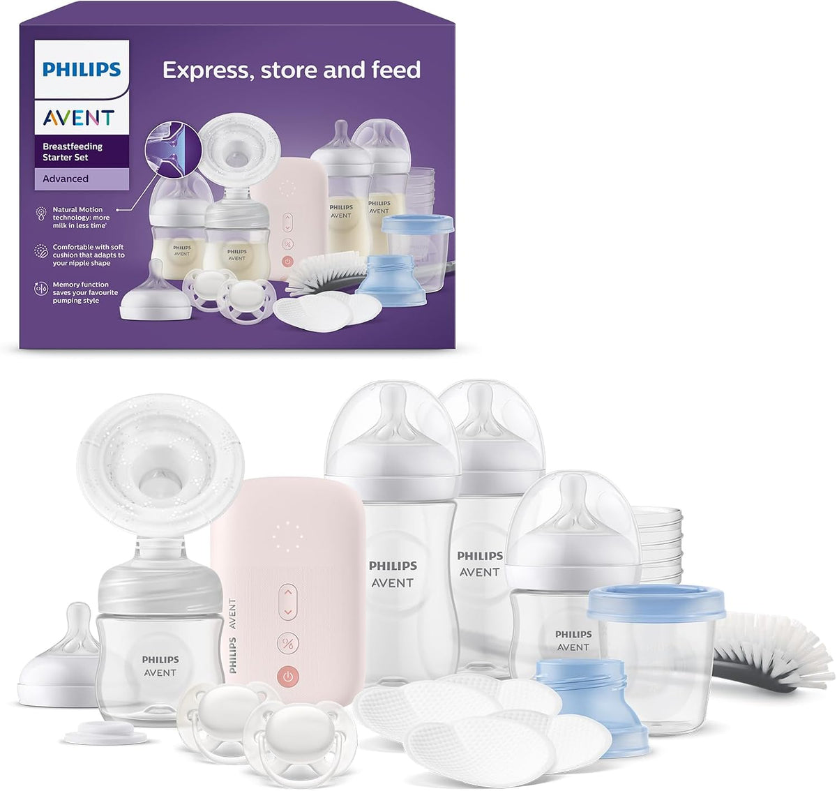 AVENT Sacalech, Philips Avent set de regalo para la lactancia materna, extractor de leche eléctrico sencillo con potencia hospitalaria, biberones