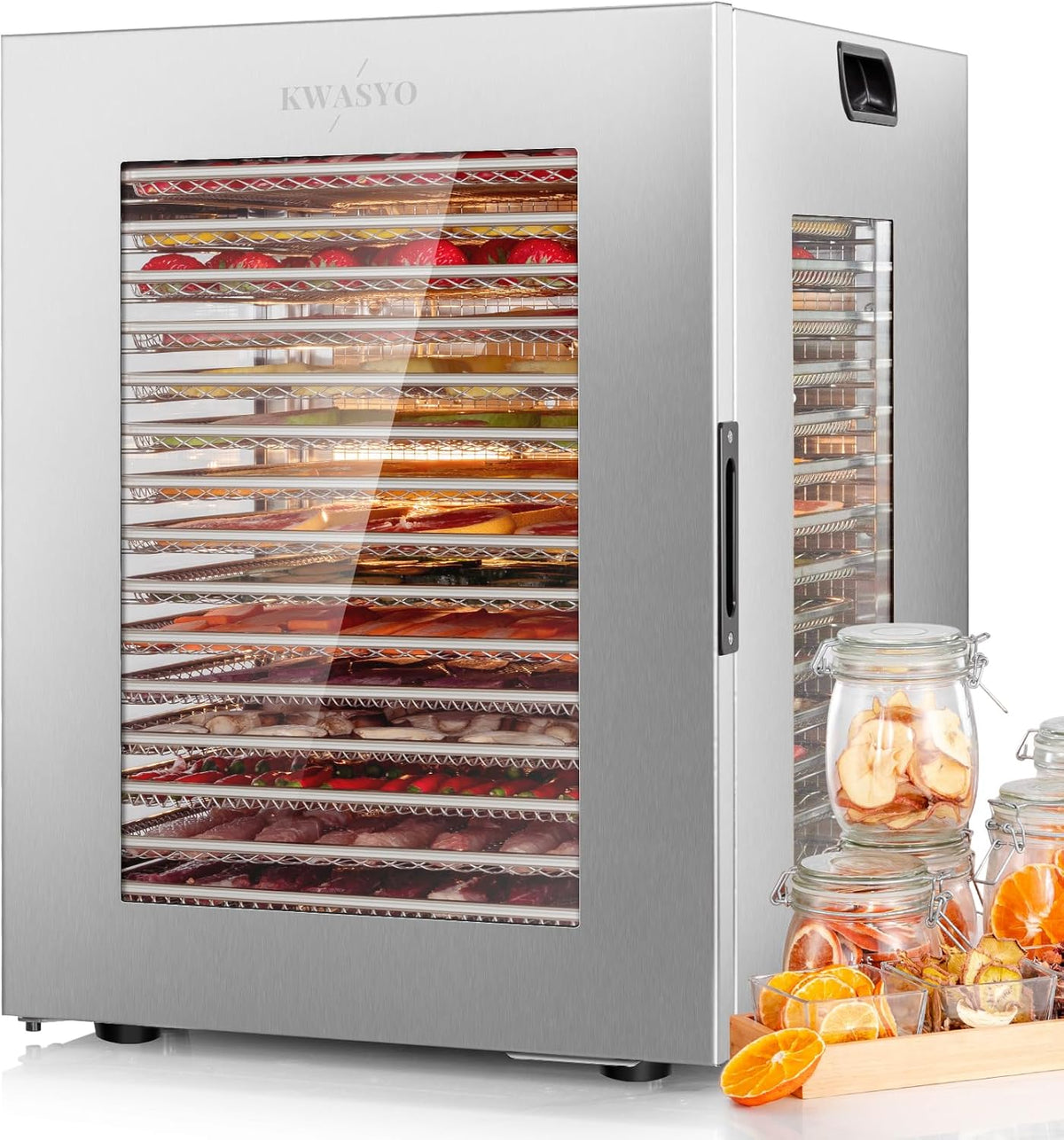 Kwasyo Deshidratador, Alimentos 15 Bandejas Inox, 1200W Doble Ventilador, para Carne, Fruta, Snacks Perros, Hierbas, Temp. Ajustable 90°C