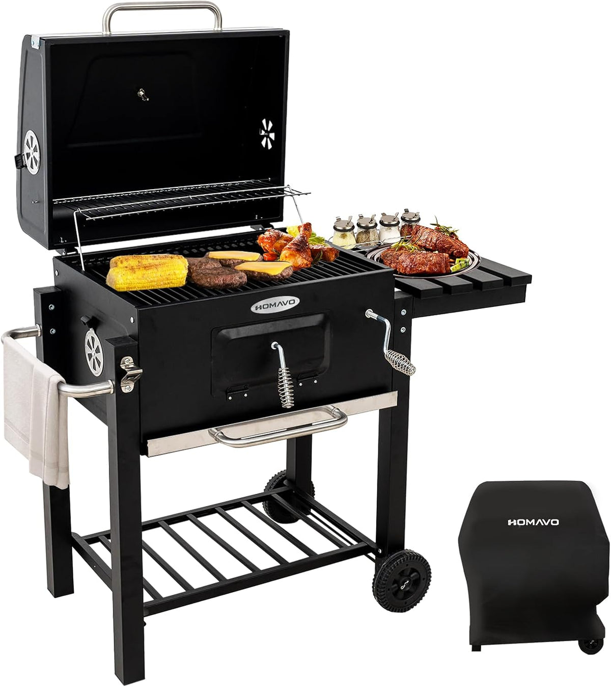HOMAVO Barbacoas de carbón, Barbacoa de Carbón, Parrilla con Tapa de Acero de 56×42, 5 cm, Bandeja Ajustable en Altura, Mesa Lateral Plegable, Incluye