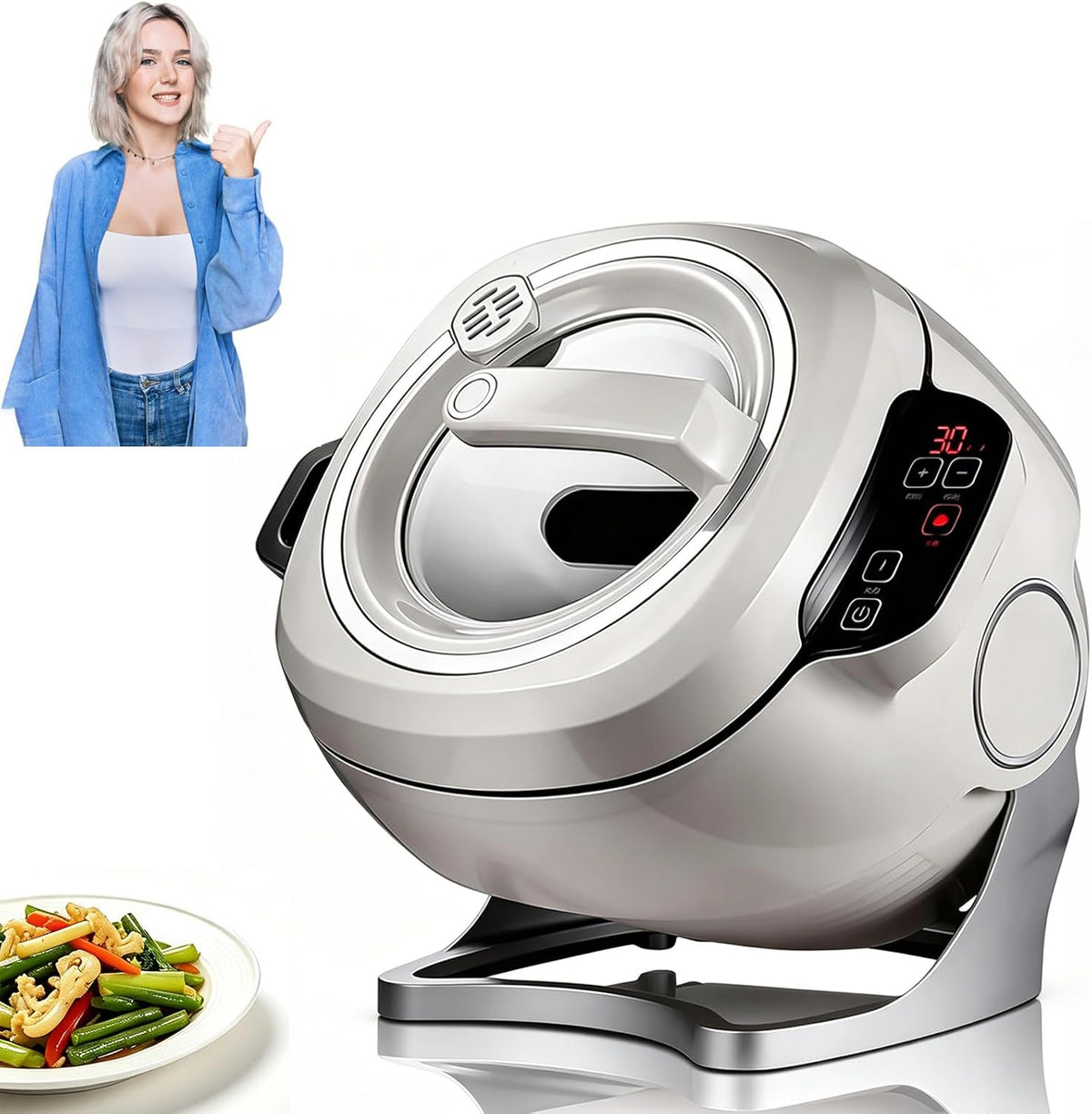 ORIDLECTAL Woks eléctrico, Wok Giratorio automático con Calentamiento 3D, 2000W, 6L, inducción eléctrica. Inicio un Toque, Manos Libres, fácil