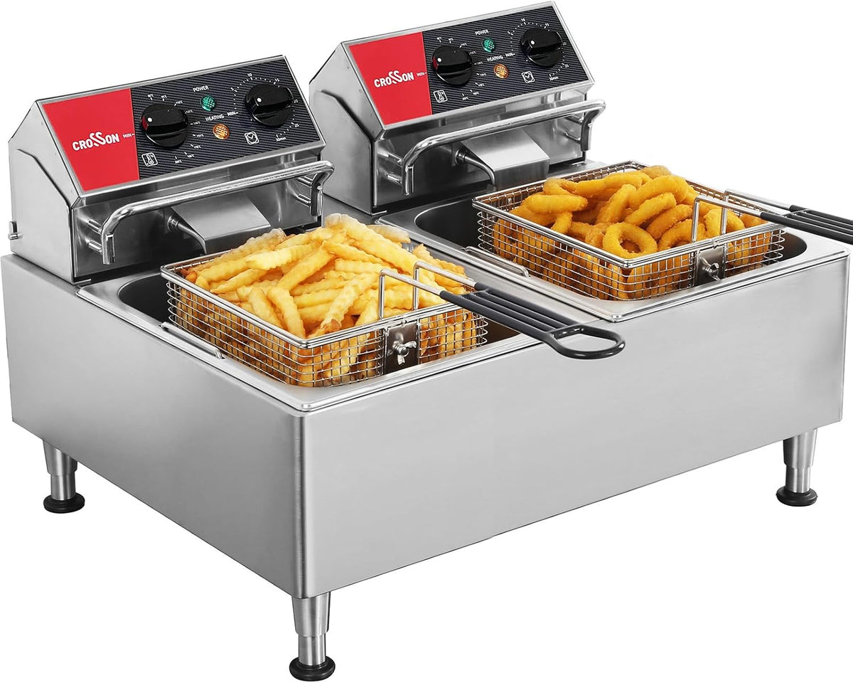 Freidora crosson, Eléctrica Comercial 12L, Freidora de Aceite de Acero Inoxidable 6000W con Tapa, Tanque de Aceite Extraíble para Freír Papas Fritas y