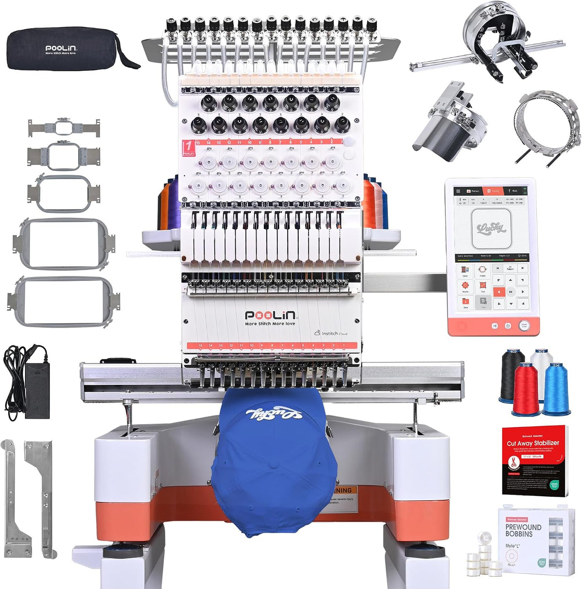 Máquinas de bordar Poolin, EOM Máquina de bordar profesional industrial y compacta. Inicia tu proyecto empresarial comercial. Personaliza gorras