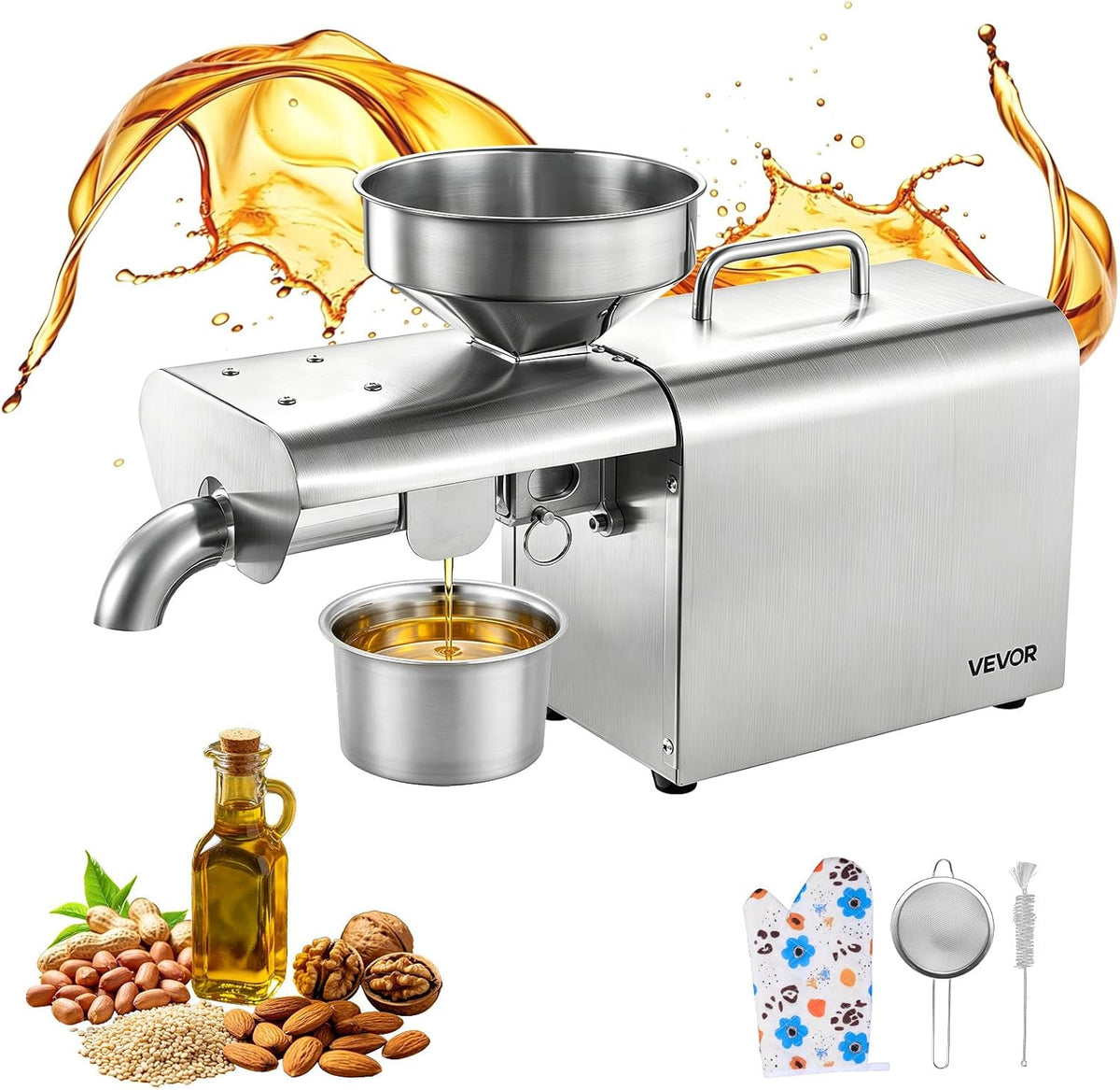 VEVOR Exprimidores eléctrico, Prensa de Aceite Eléctrica 750 W, Máquina de Prensado de Aceite 3, 75 kg/h, Prensado en Caliente 50-300 °C, Extractor de
